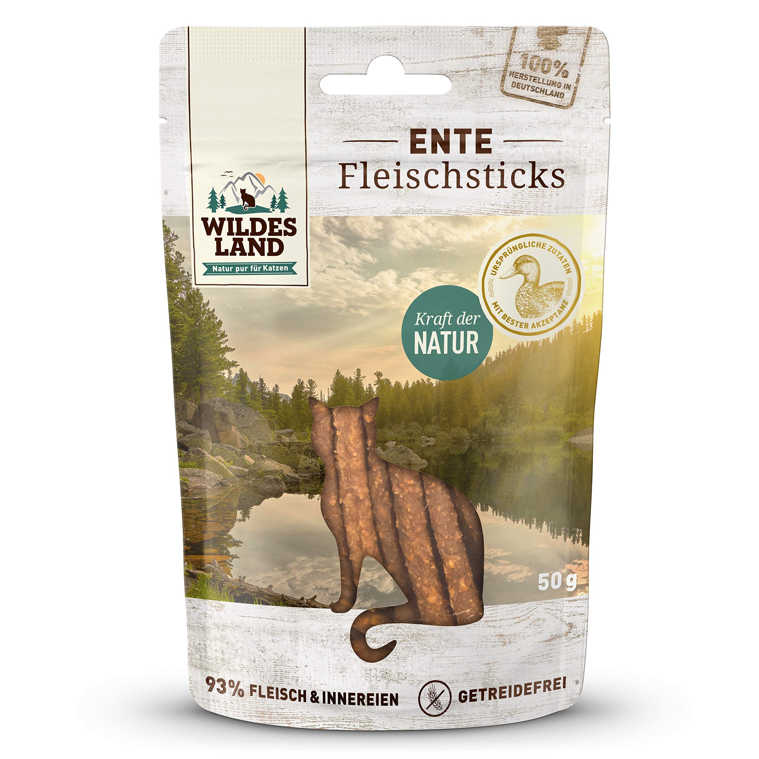 WILDES LAND – Fleischsticks Ente | Katzensnack mit natürlichen Zutaten und extra hohem Fleischanteil für ausgewachsene Katzen. Getreidefreier Snack ohne Zusatzstoffe im Beutel | 9x50g Ente