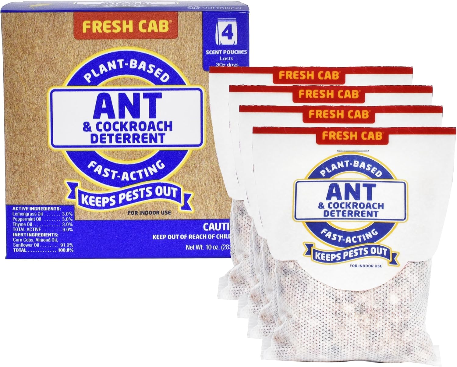 Fresh Cab Ants & Cockroaches Deterrent - Indoor Botanical Pest Control - Safe for Kids & Pets When Used as Directed - Made with Peppermint Essential Oil - 4-Pack