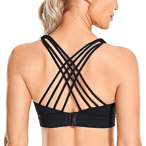 CRZ YOGA Women's Strappy Sports Bras Back Closure Medium Support Adjustable Wirefree Padded Yoga Bra Workout Tops