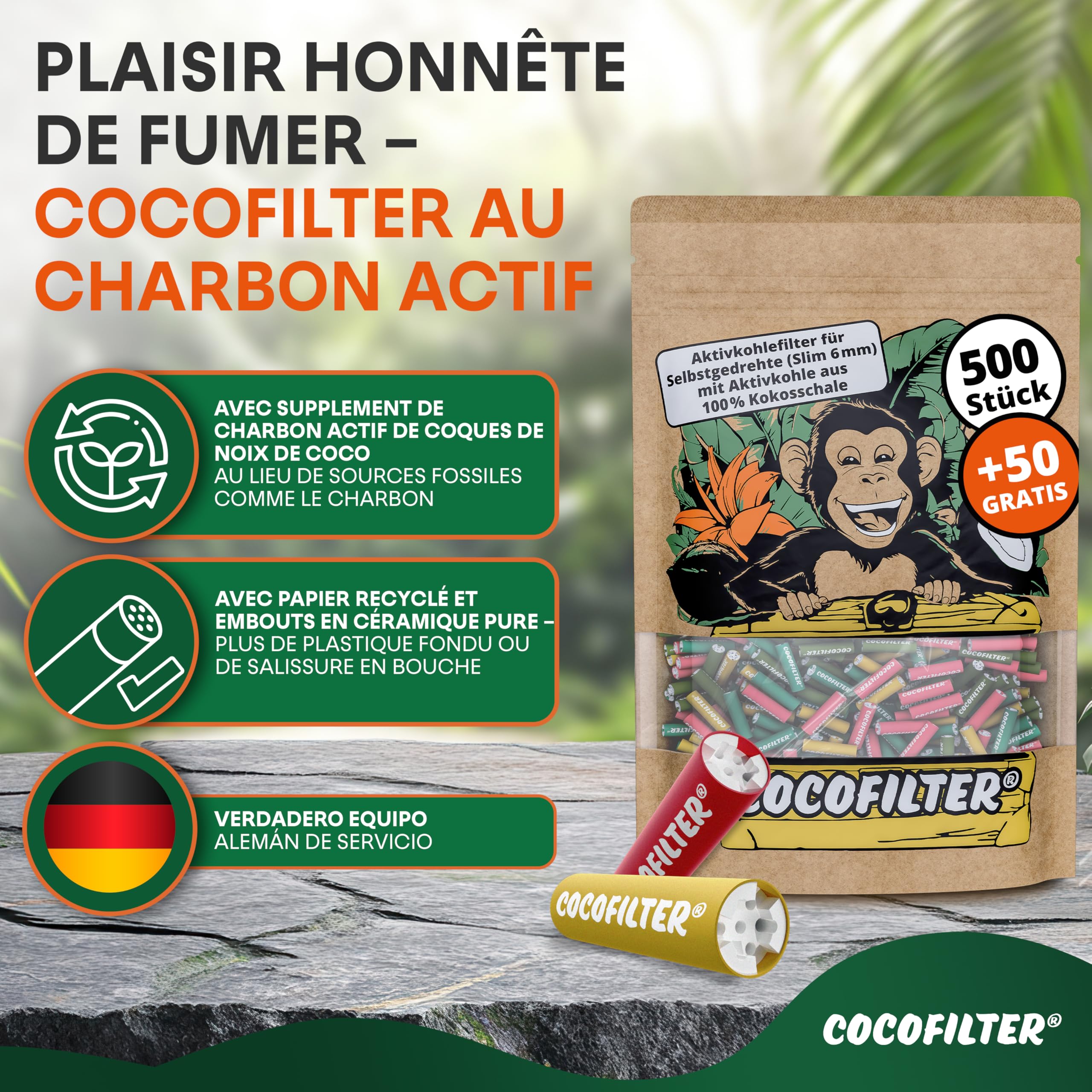 Filtres au charbon actif 6mm en coque de coco [500 + 50 pcs.] | 550 Filtres slim naturels avec embouts en céramique pour cigarettes roulées, 27mm chacun, dans un sachet refermable
