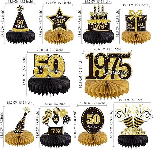 Miniatura 2 de 10 centros de mesa de nido de abeja para cumpleaños número 50, color dorado y negro con texto en inglés Happy 50th Birthday para hombres y mujeres,