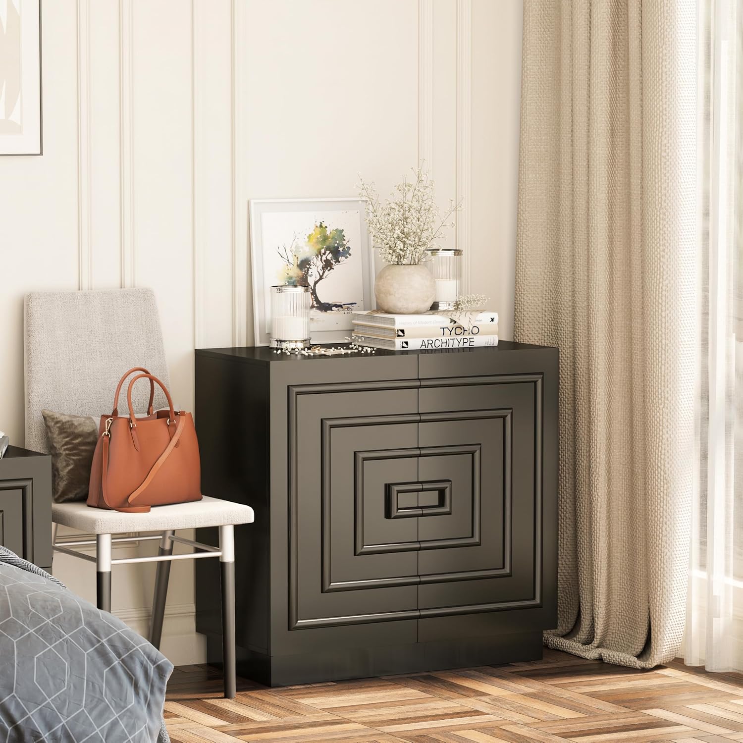 Aoikax Modern 2-Door Storage Cabinet, Sculptural Rustic Cabinet with Geometric Square Pattern, Contemporary Accent Cabinet for Bedroom, Living Room, Black