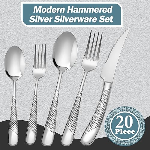 Miniatura 8 de Runfly Juego de cubiertos de plata martillada de 20 piezas, juego de cubiertos de acero inoxidable 1810, juego de utensilios de cocina modernos para