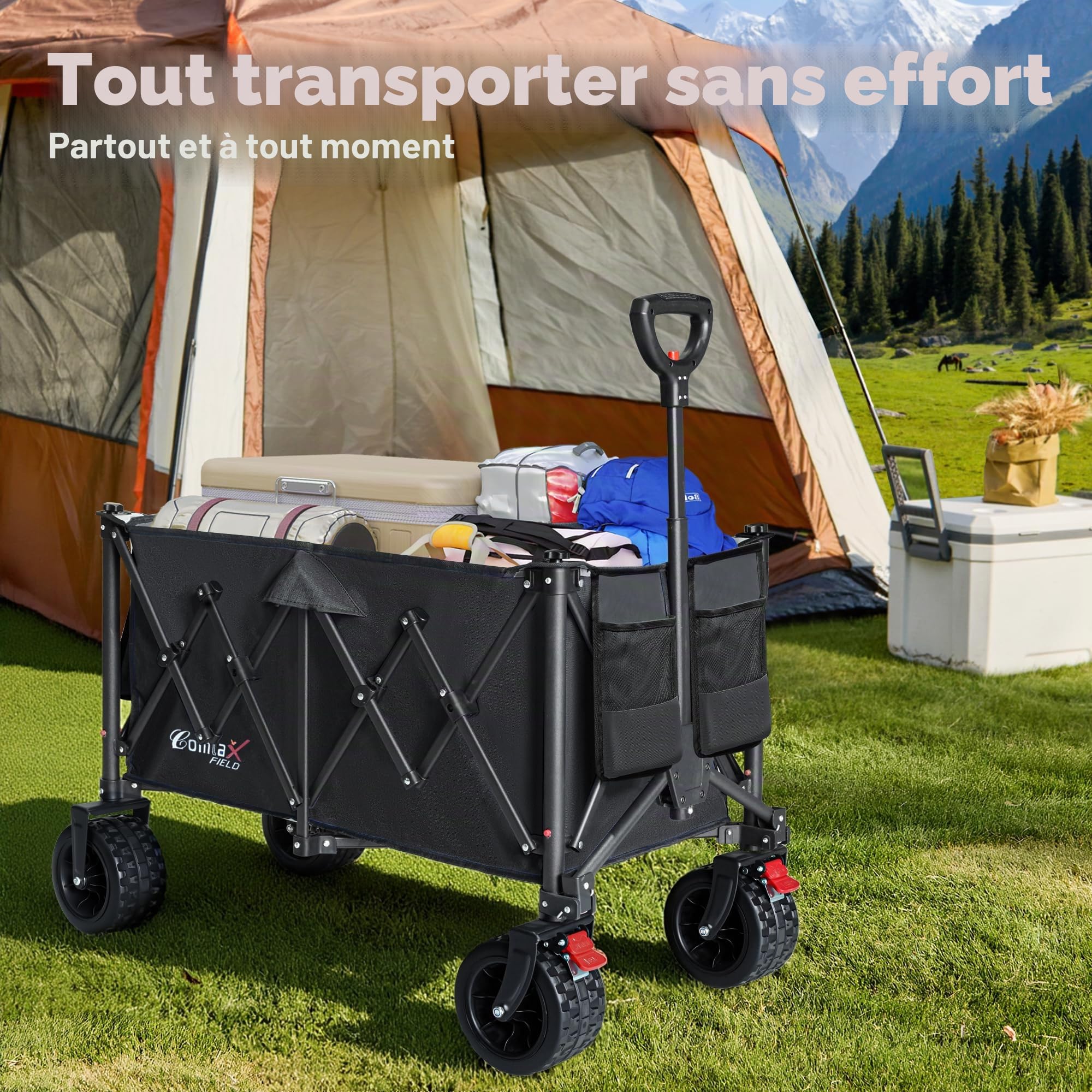 COMLAX FIELD Chariot Pliable 200L 200KG, Chariot Pliable avec Roues Larges, Chariot de Plage Pliable avec Freins, Charrette Noire