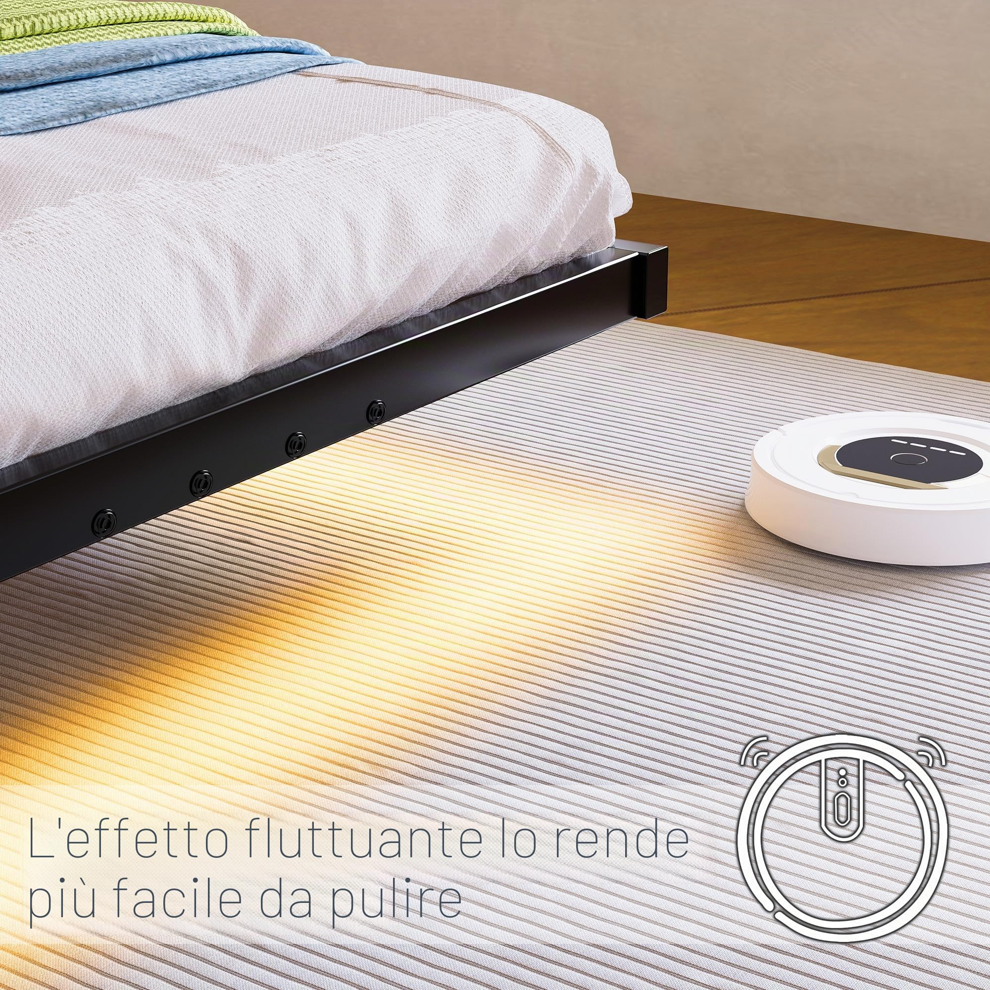 Telaio letto singolo galleggiante da 0,9 m con luci a LED e stazione di ricarica USB, struttura per letto in metallo con testiera in legno, non necessita di rete imbottita, supporto a doghe