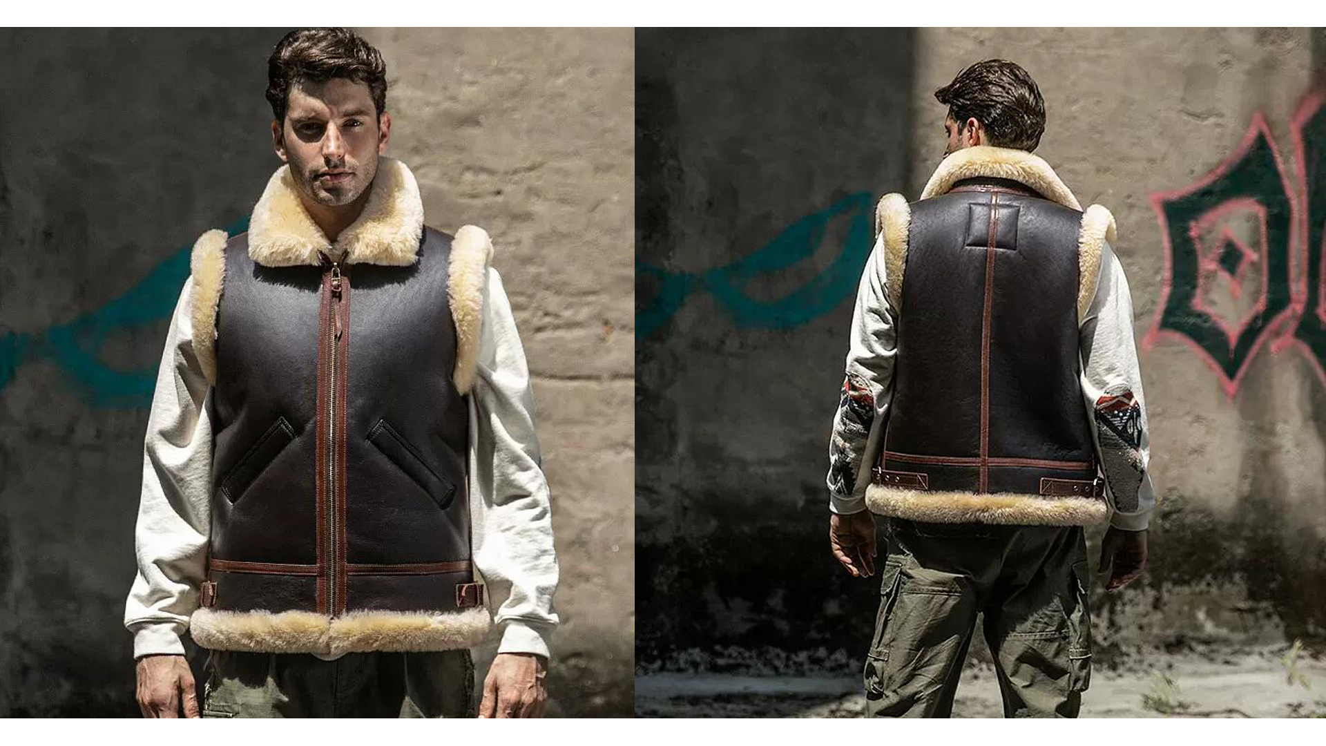Denny&Dora Men's Shearling Vest Flight Vest Leather Vest For Men