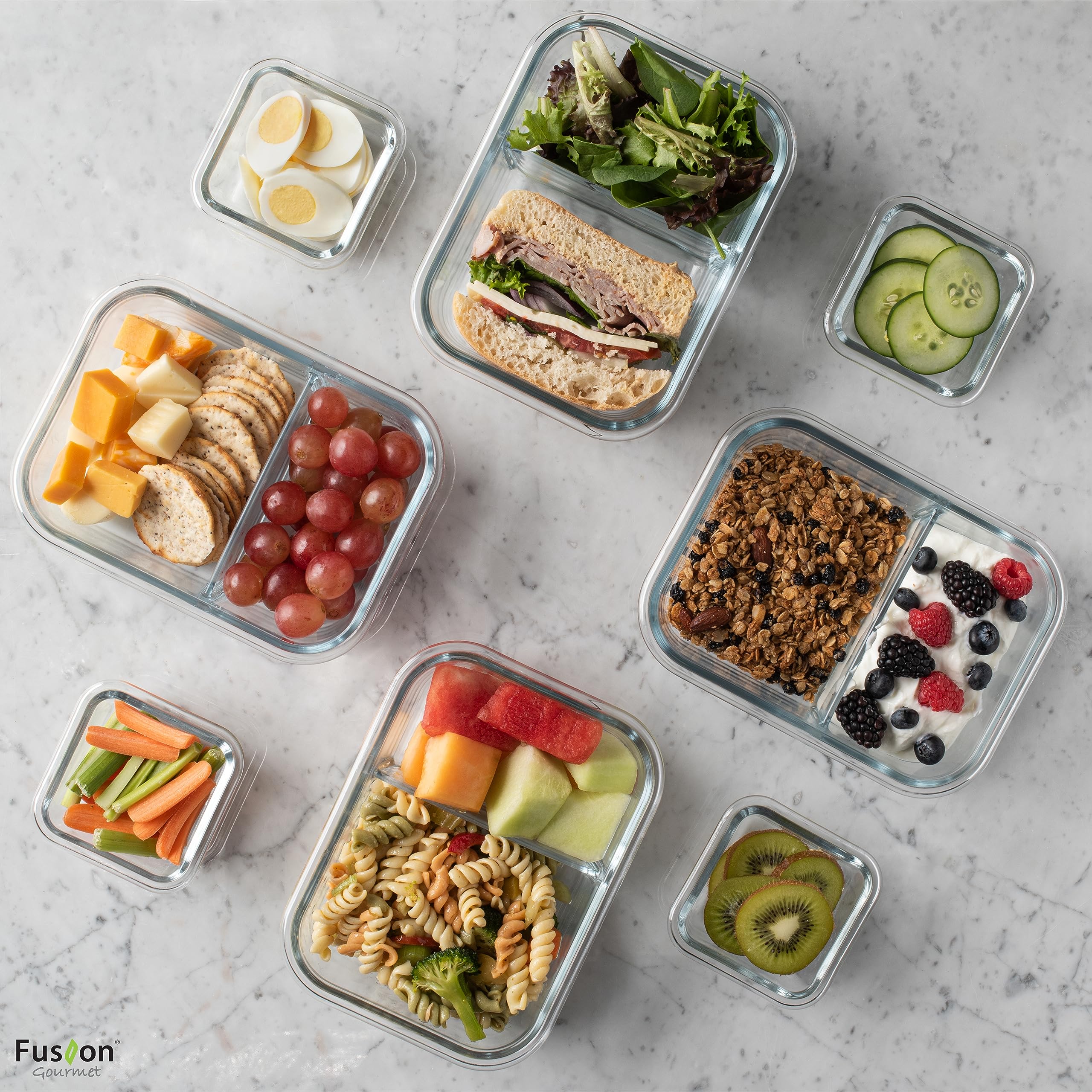 Fusion Gourmet Recipientes de vidrio para preparación de comidas con tapas [8 unidades, 33 onzas y 4.5 onzas] – Cajas Bento de vidrio dividido de 2 compartimentos para adultos, aptos para horno y