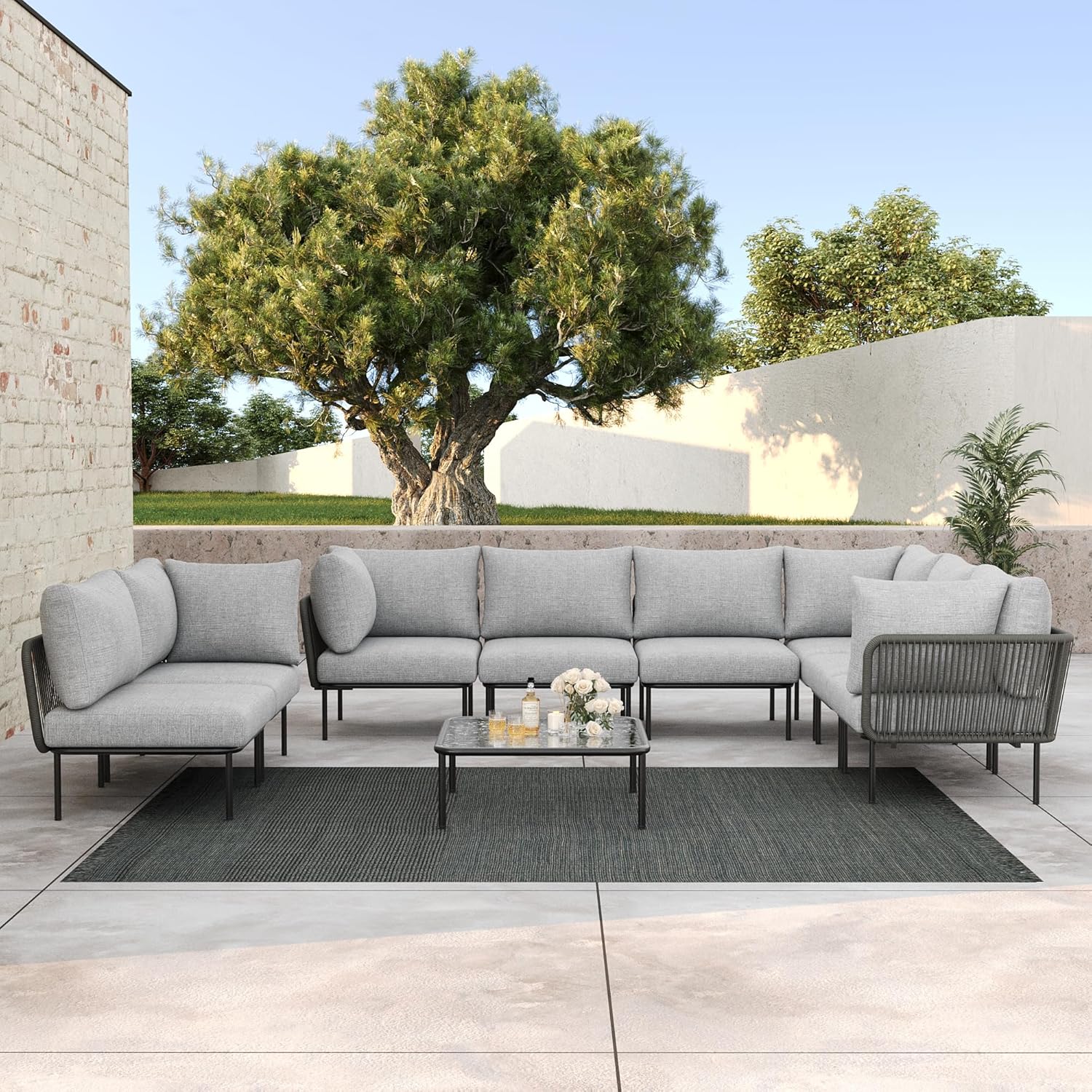 LayinSun 9 Pieces Aluminum Patio Furniture Set, Modern Modular Sectional Sofa with Coffee Table and Upgrade Thickness Cushion