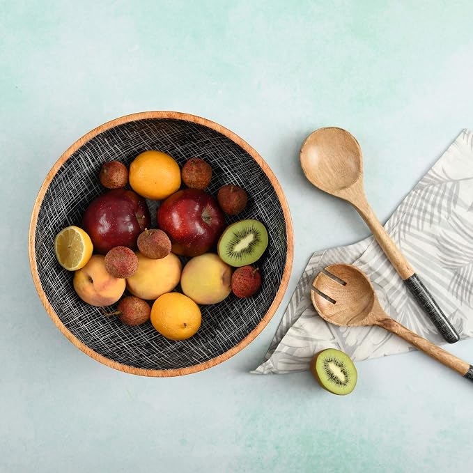 Folkulture Wooden Salad Bowl or Mixing Bowls with Serving Tongs, Large Serving Bowls for Fruits, Salad, Cereal or Pasta, Large Mixing Bowl Set, 12" Diameter x 5" Height, Mango Wood