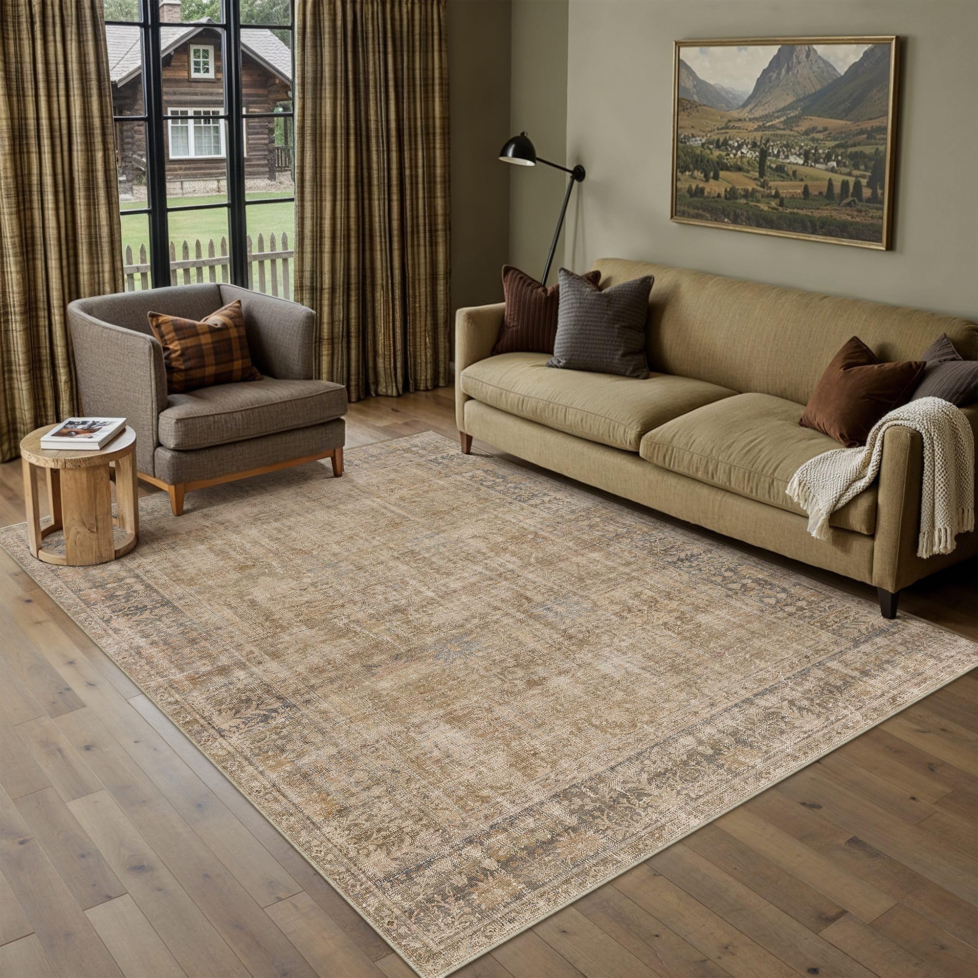 HUGEAR Retro 5x7 Washable Area Rugs Brown Living Room Bedroom Rug Vintage Distressed Throw Carpet Neutral Stain Resistant Non Slip & Shedding Low Pile for Home Aesthetic Decor