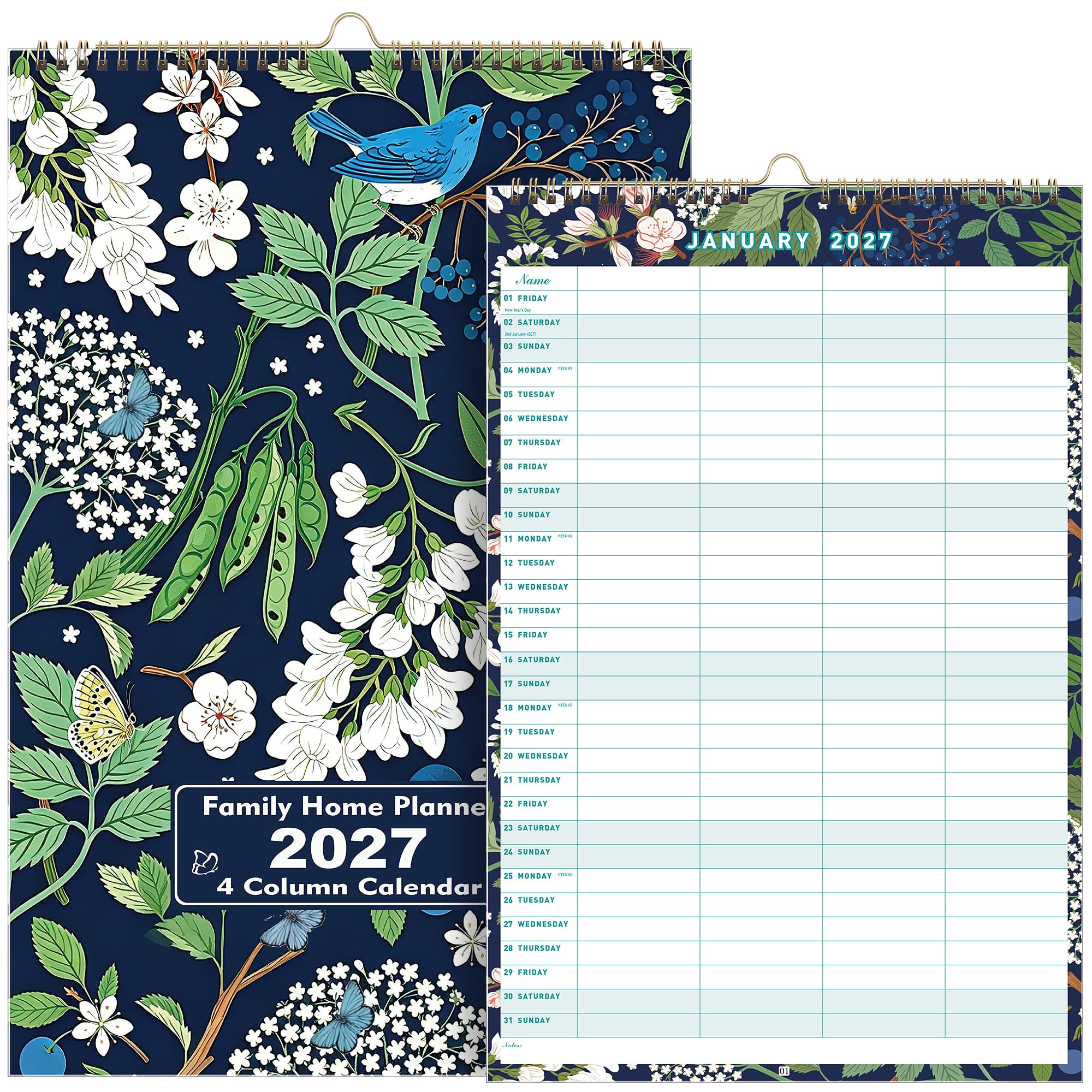 Family Calendar 2027 for UK, 4-Column Layout, 28 x 43 cm