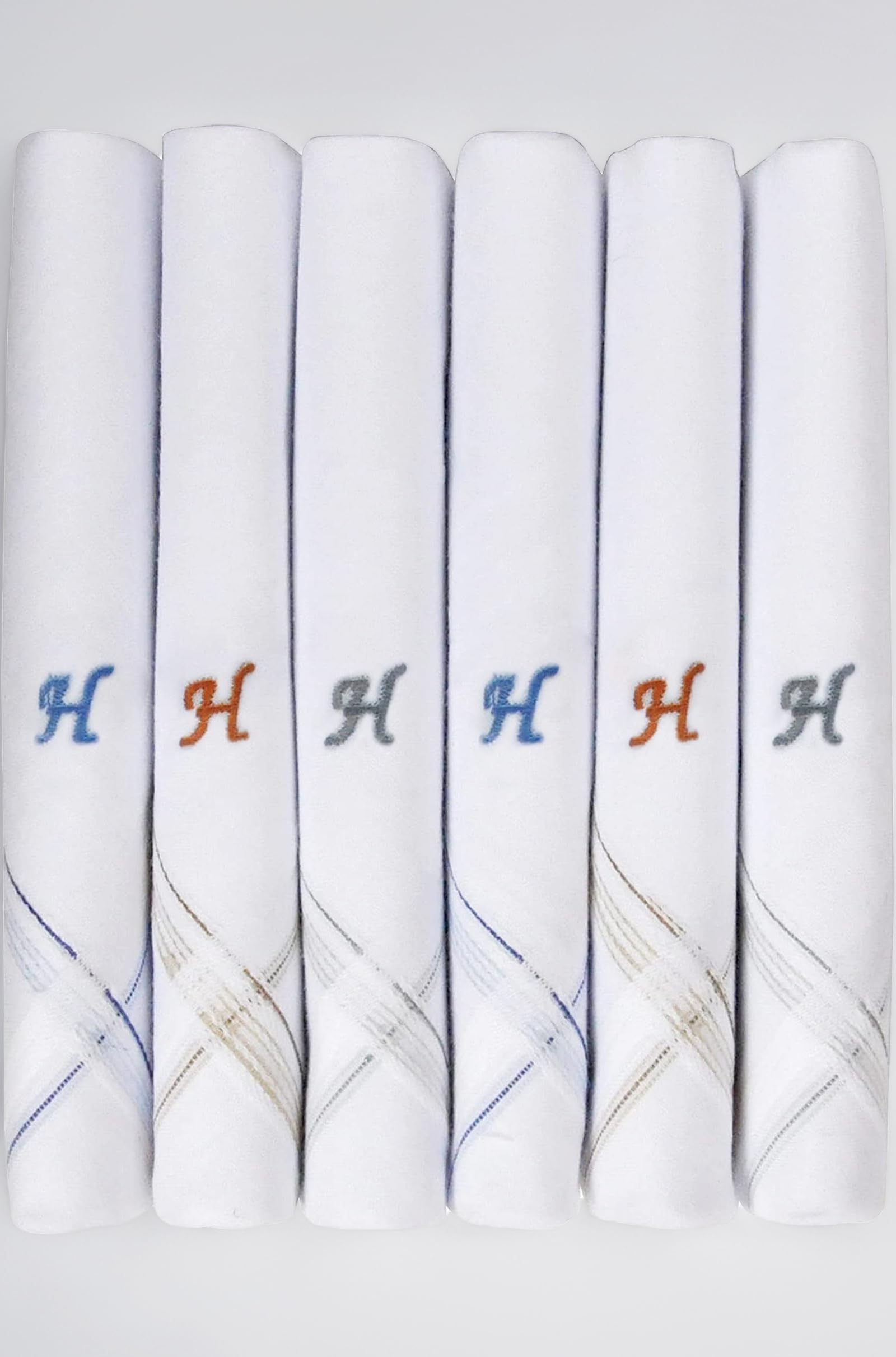 Caruso Italy Men's Initial Monogram (A-Z) Embroidery 100% Pure Cotton Handkerchief White Base With Colored Border - Pack Of 6