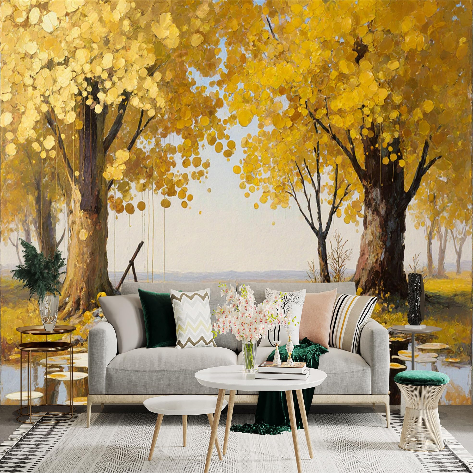Custom Size Wall Sticker Mural， Autumn Forest with Golden Trees and Lake Reflection Landscape， for wall Decoration， peelandstick wall Decals.