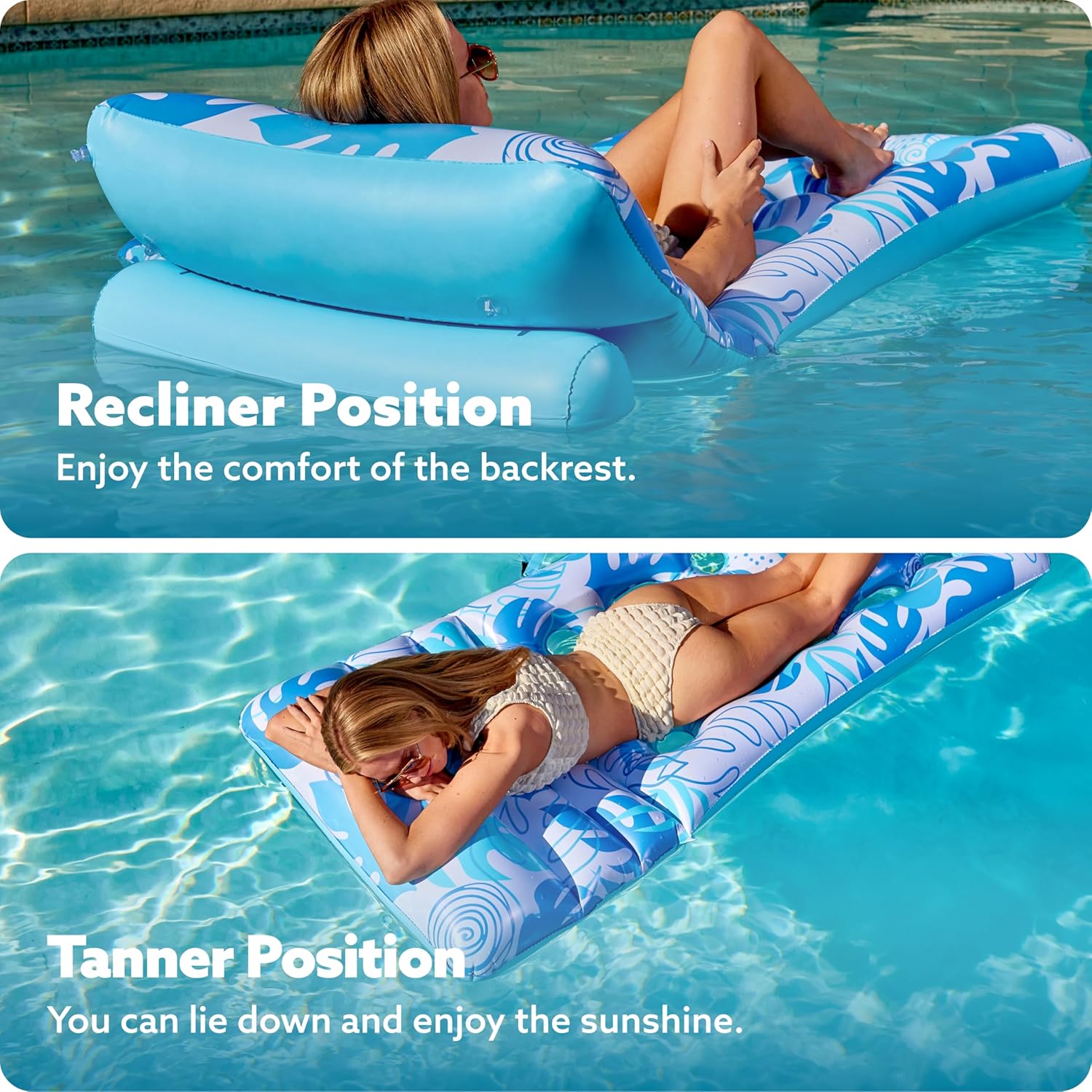 SLOOSH Adjustable Backrest Pool Floats - Tropical Leaves Pool Lounger Floaties Adults with Cup Holders, Inflatable Tanning Float Rafts Chair Beach Lake Lounge Floating Above Water Keep Cool (Blue)