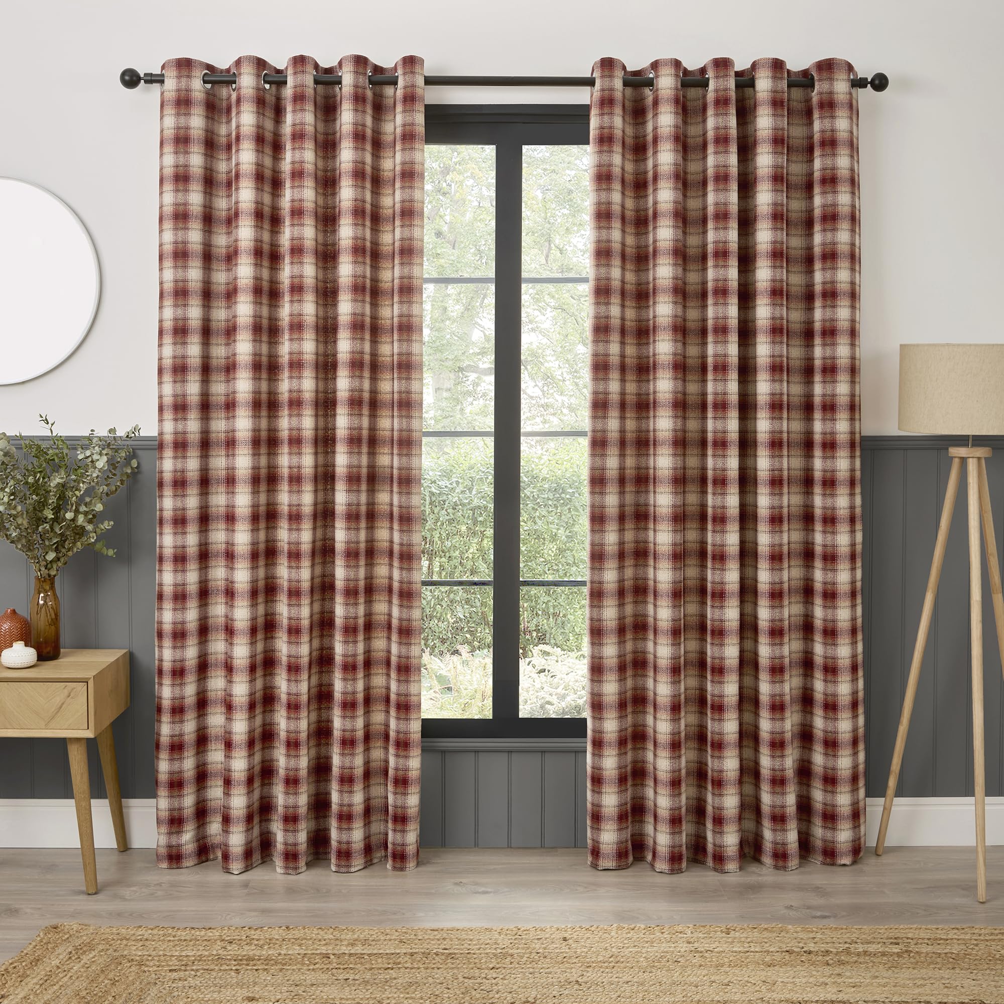 Curtina Everett Eyelet Curtains, Living Room, 168 x 183 cm, Red, 100% Recycled Polyester, Light Filtering, Jacquard Woven Check Pattern