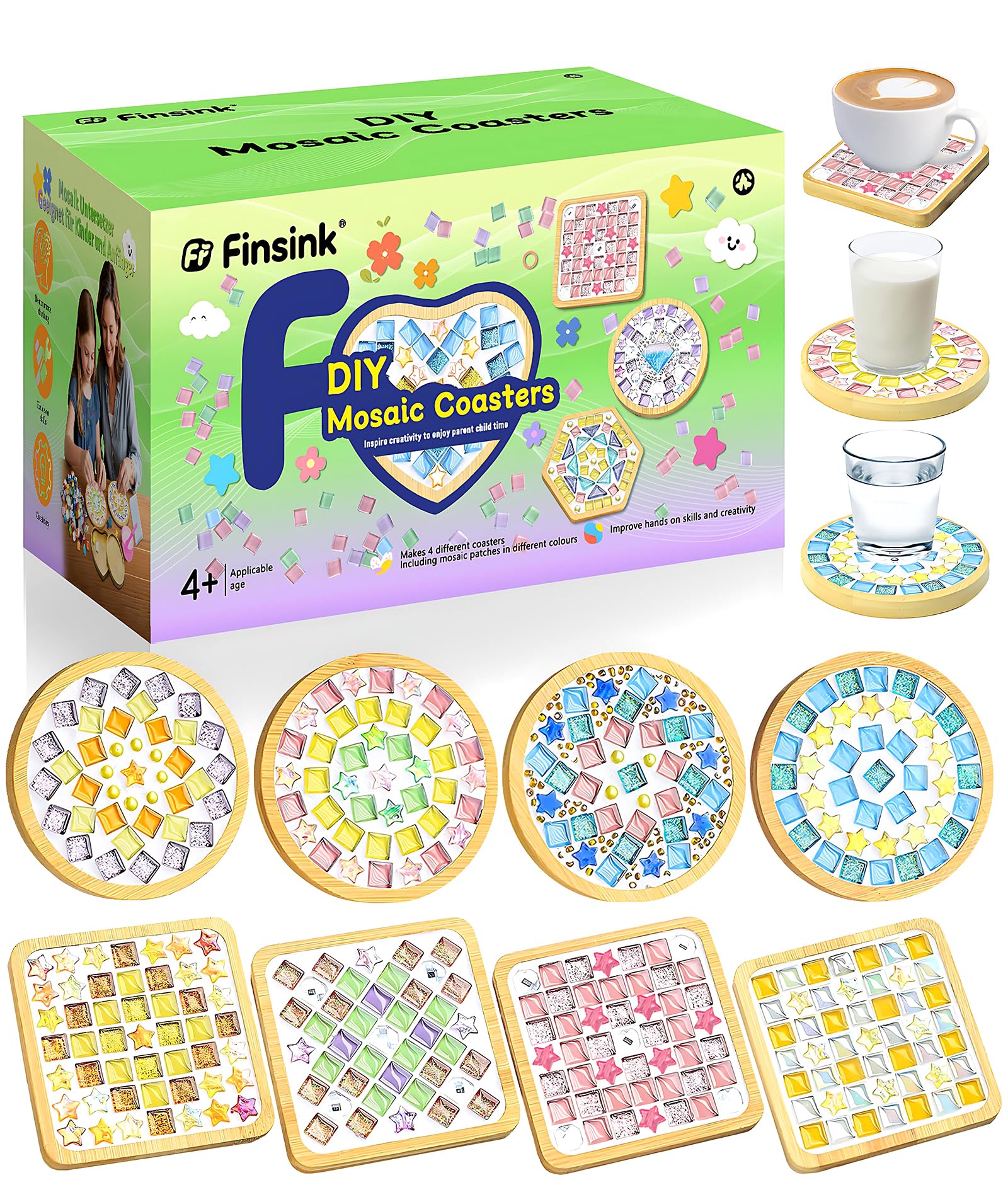 Finsink Set di 8 sottobicchieri a mosaico per bambini, set fai da te,di sottobicchieri in legno, set di pietre a mosaico per il fai da te, regalo di compleanno per bambini adulti
