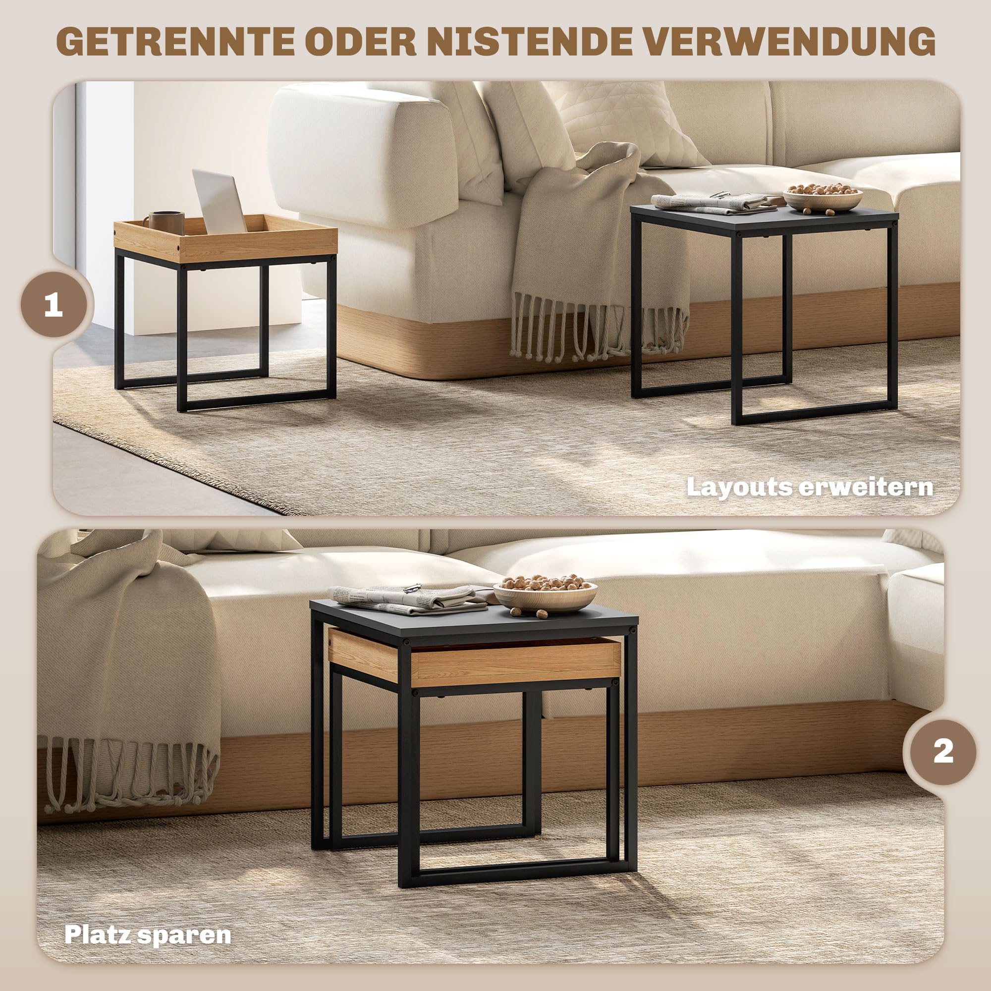HOMCOM Couchtisch 2er Set Satztisch Quadratischer Beistelltisch mit Abnehmbarem Tablett, Stahlgestell Wohnzimmertisch Kaffeetisch Sofatisch für Wohnzimmer Schlafzimmer, Schwarz+Eiche