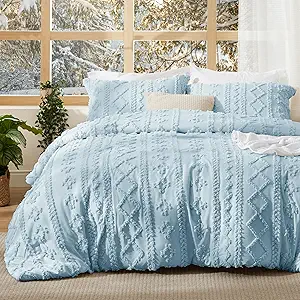 Bedsure Tufted Boho Comforter Set Queen Size - Dusty Blue Boho Bed Set, GentleSoft™ 3 Pieces Farmhouse Shabby Chic Embroidery Bedding, Gifts for Woman, Soft Jacquard Queen Comforter for All Seasons