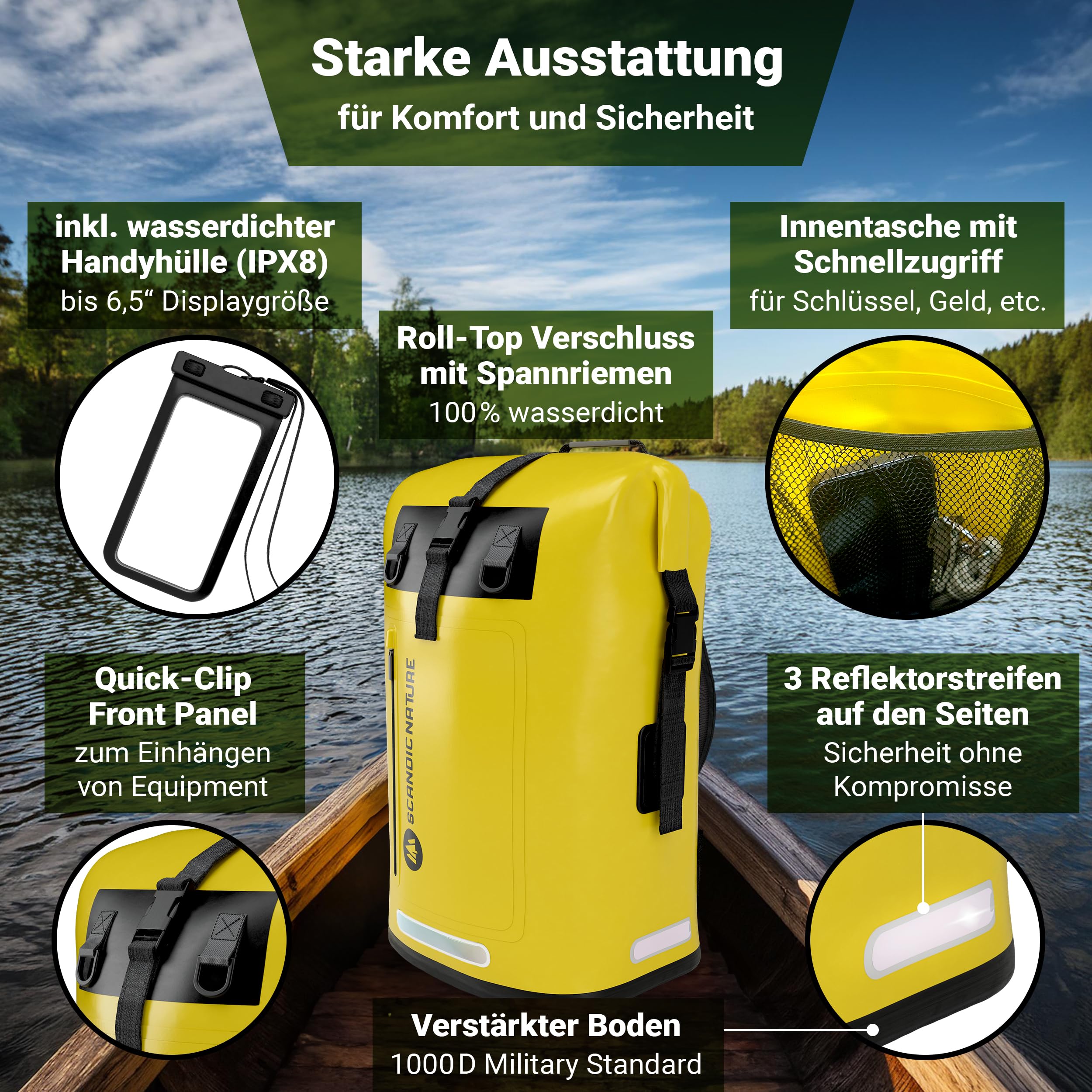 PIONEER wasserdichter Rucksack mit Rolltop Verschluss 35L 55L schwarz gelb oliv-grün - extra robust dank Boden mit 1000D PVC LKW-Plane, 3 Reflektor-wasserfeste IPX8 Handyhülle
