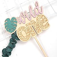 Vista 6 de Decoración para pastel de madera, leopardo rosa, hoja de palma tropical, decoración de primer cumpleaños, temática de safari en la selva, 6.1 x 8