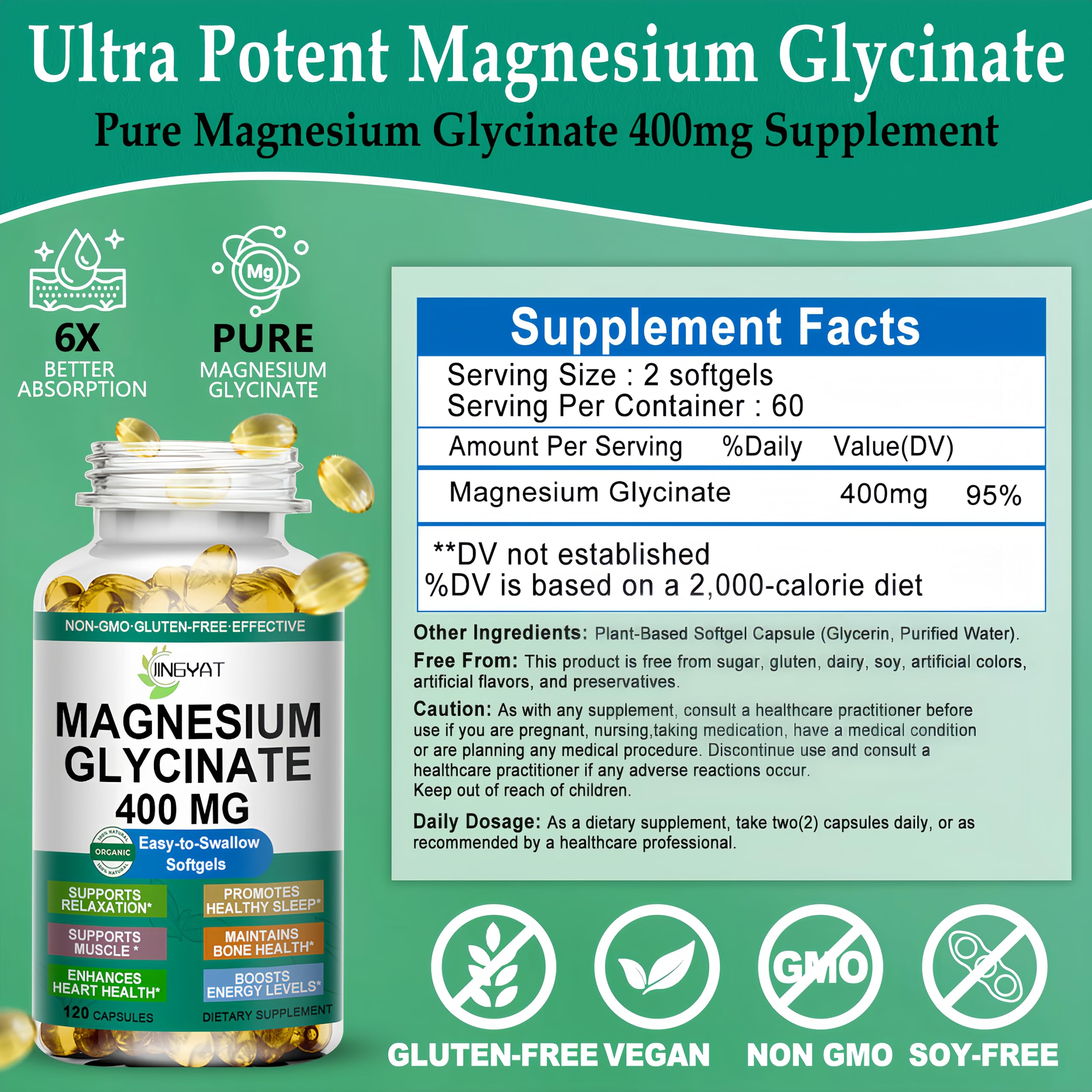 Magnesium Glycinate Softgels - High Absorption Pure Magnesium Glycinate 400mg for Sleep, Calm, Muscle Relaxation, Heart, Bone & Nerve Support for Women & Men - 100% Chelated & Purified Supplement — Amazon image 8