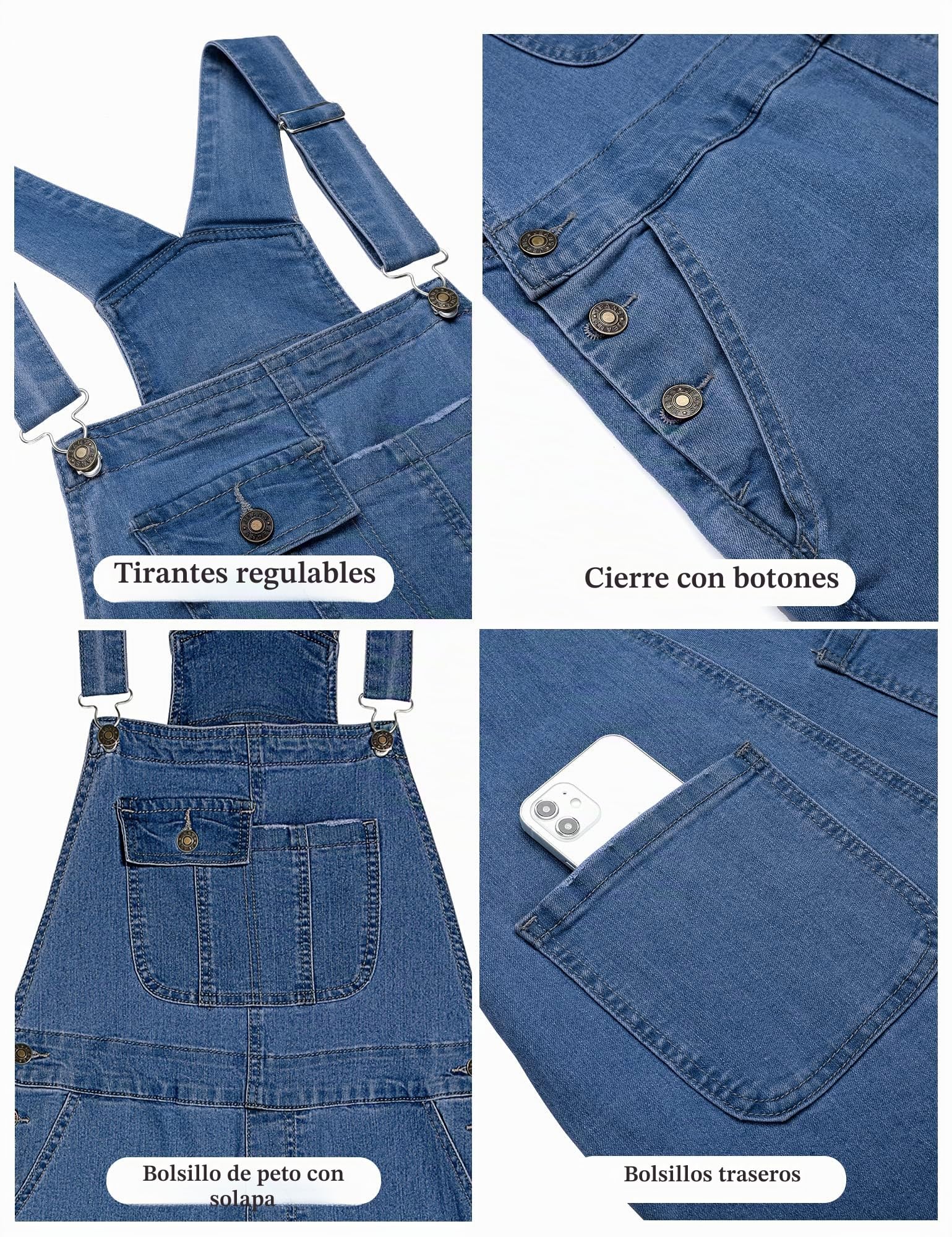 Peto vaquero mujer elástico pierna recta overall mezclilla correas ajustables
