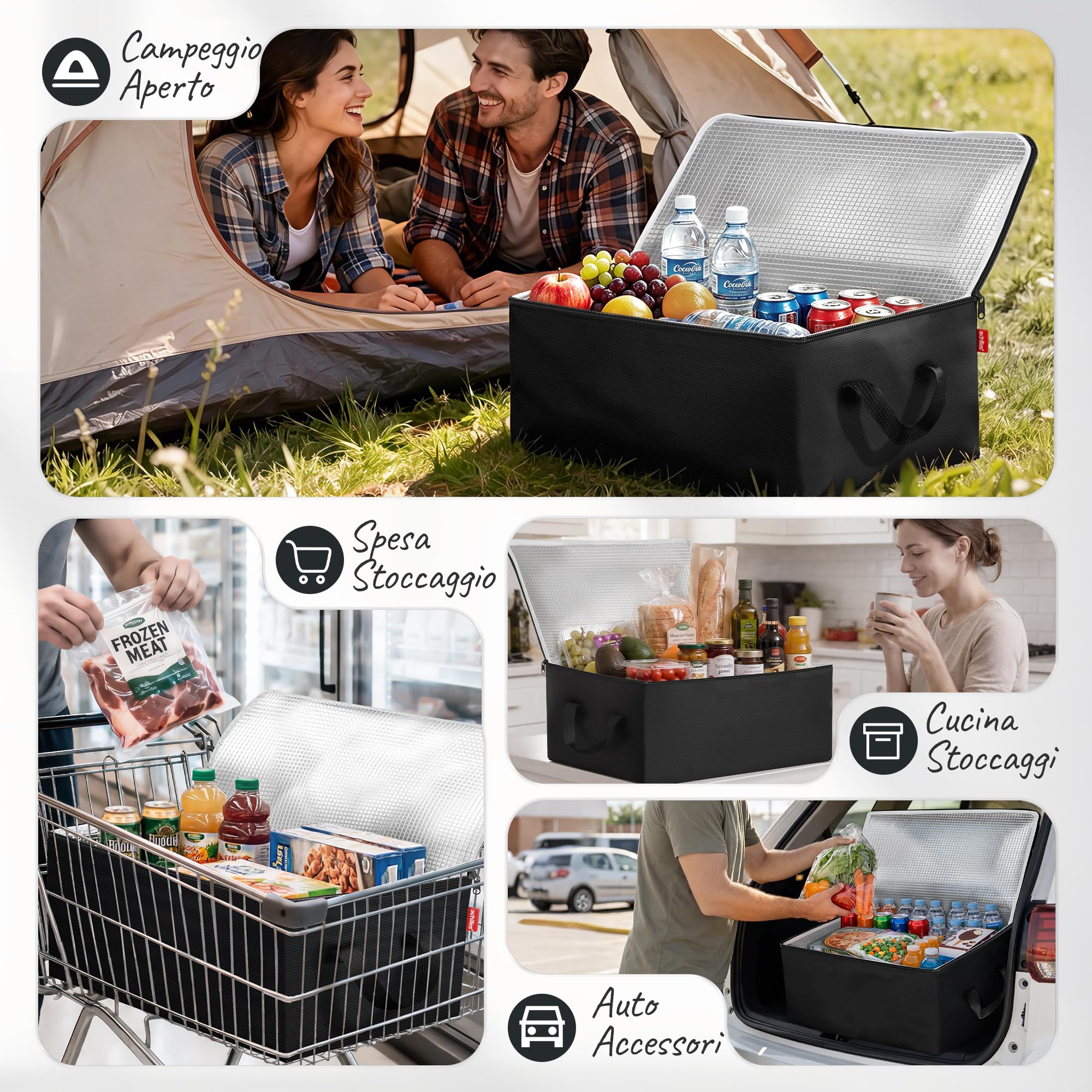 achilles Borsa Frigo Grande - 53L Borsa Termica - Borsa Frigo Pieghevole - Borsa per Mantenere il Cibo Caldo o Freddo - Organizer Bagagliaio - Portaoggetti Bagagliaio - Nero - 57x37x25 cm