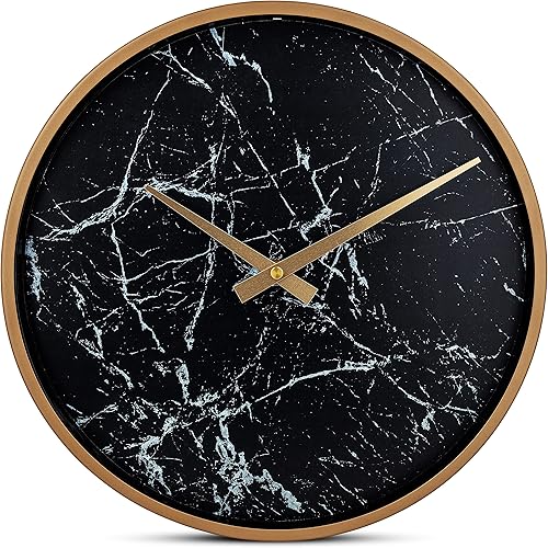 Bernhard Products Reloj de pared moderno de 13 pulgadas, silencioso, silencioso, sin tictac, decorativo, elegante, aspecto de mármol negro y marco