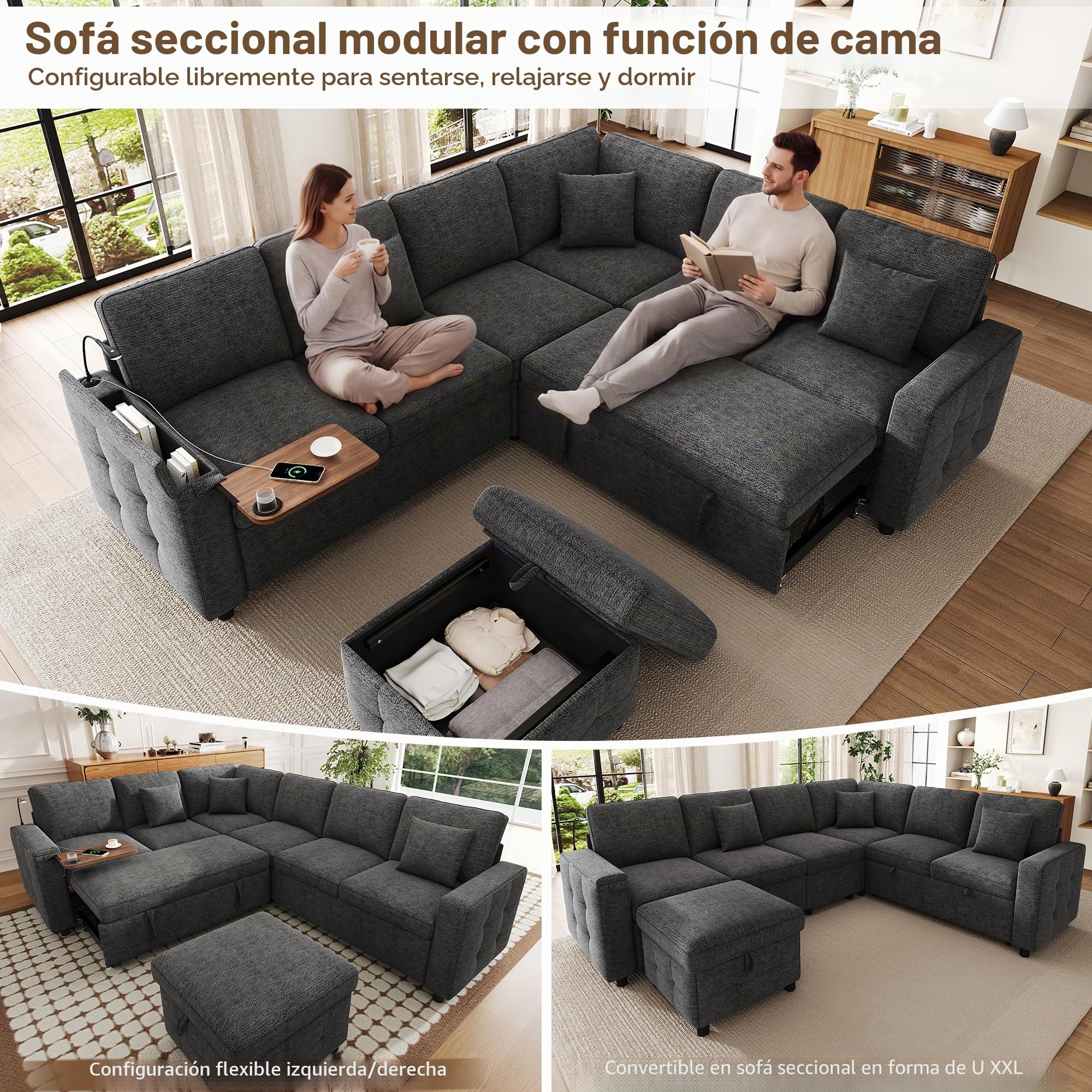 Sofá modular de 7 plazas con función de cama y compartimento de almacenamiento, sofá esquinero en L con lectura LED, puertos USB y USB-C, sofá cama con portavasos, sofás convertible, chenilla y