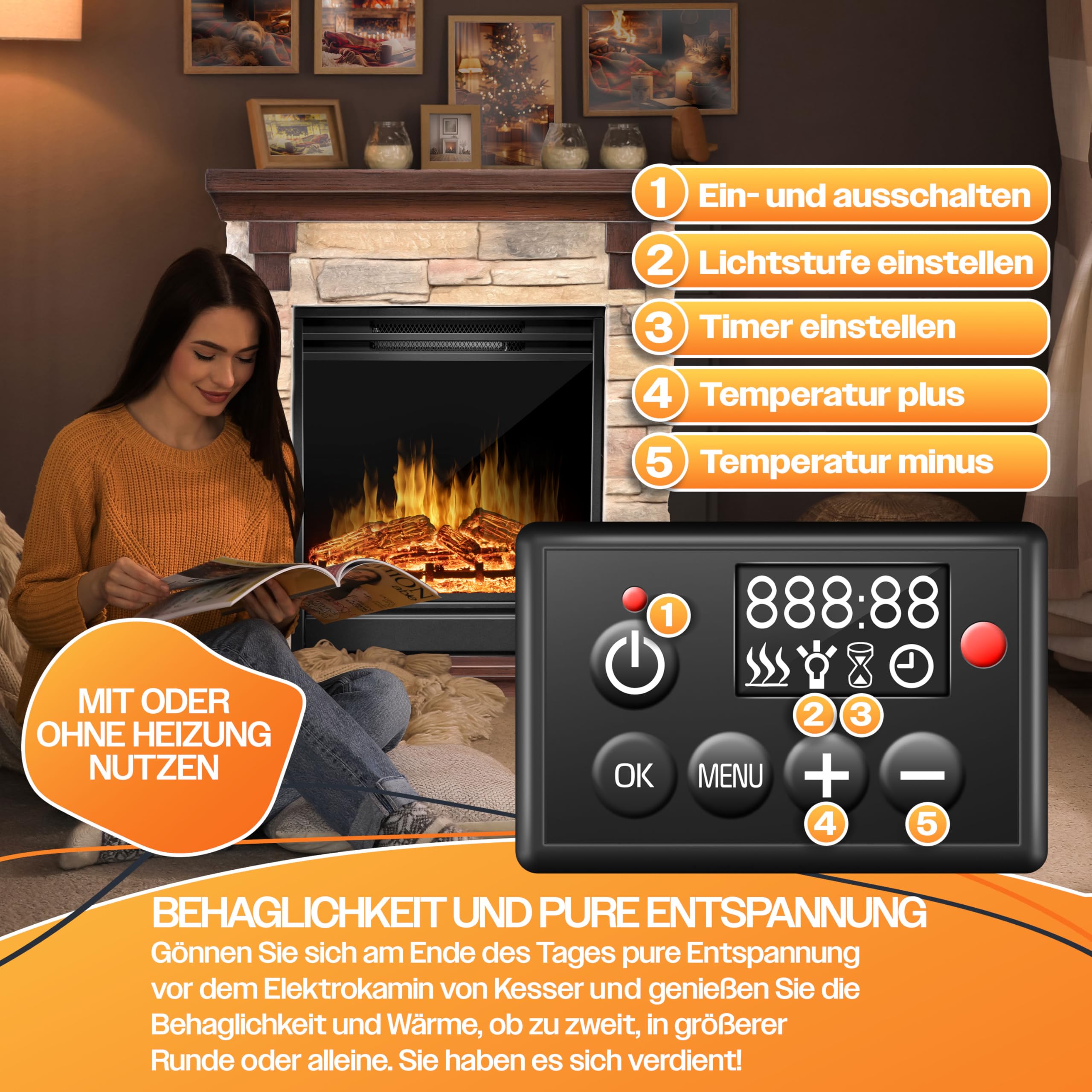 KESSER® Chimenea eléctrica - Chimenea eléctrica con Efecto de Llama LED 3D, con función de calefacción, Chimenea eléctrica con 1800W de Potencia, Temporizador semanal, Natural/Marrón