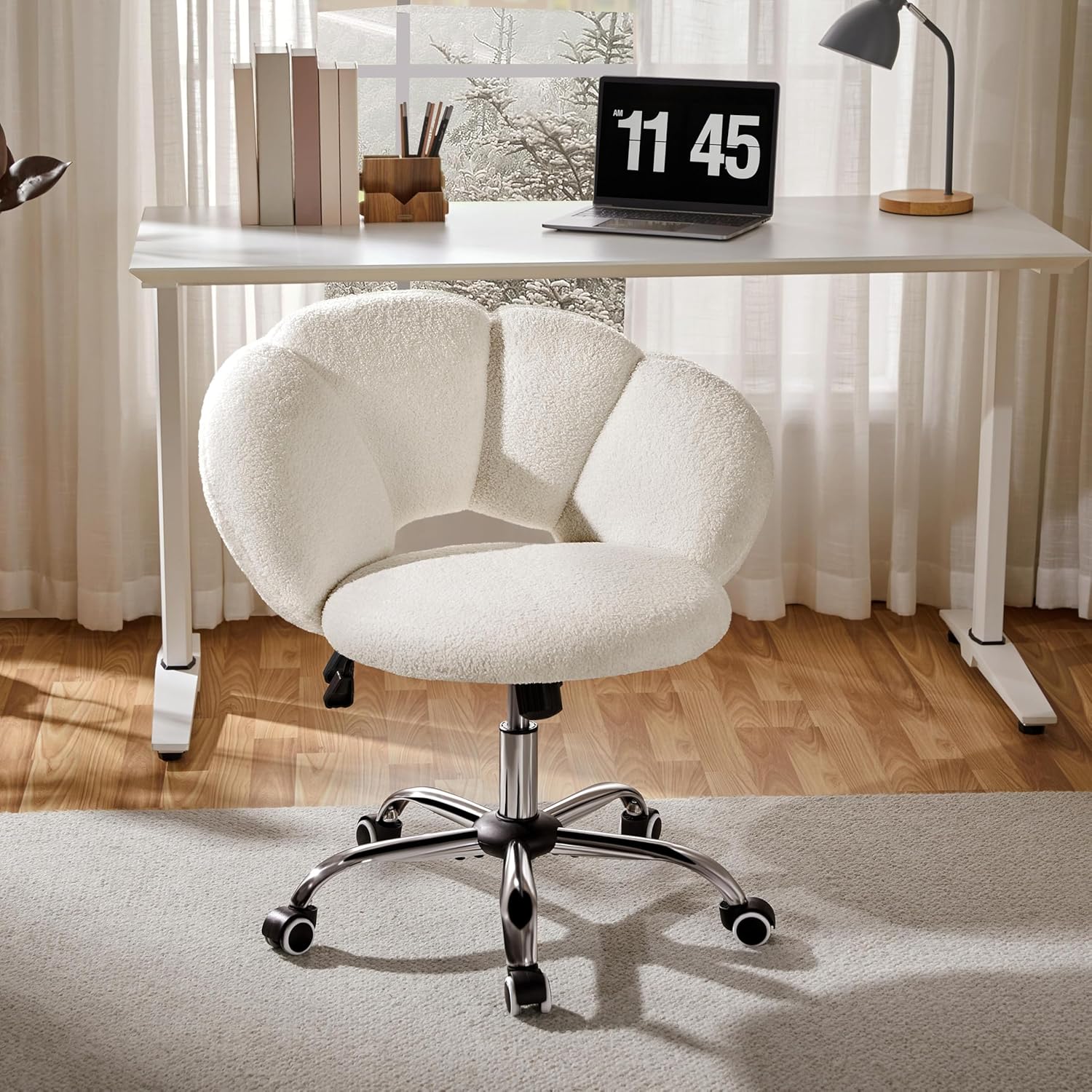 Topeakmart Cute Vanity Chair Boucle Upholstered Makeup Desk Chair Modern Accent Chair with Cloud-Shaped Backrest for Living Room, Bedroom White