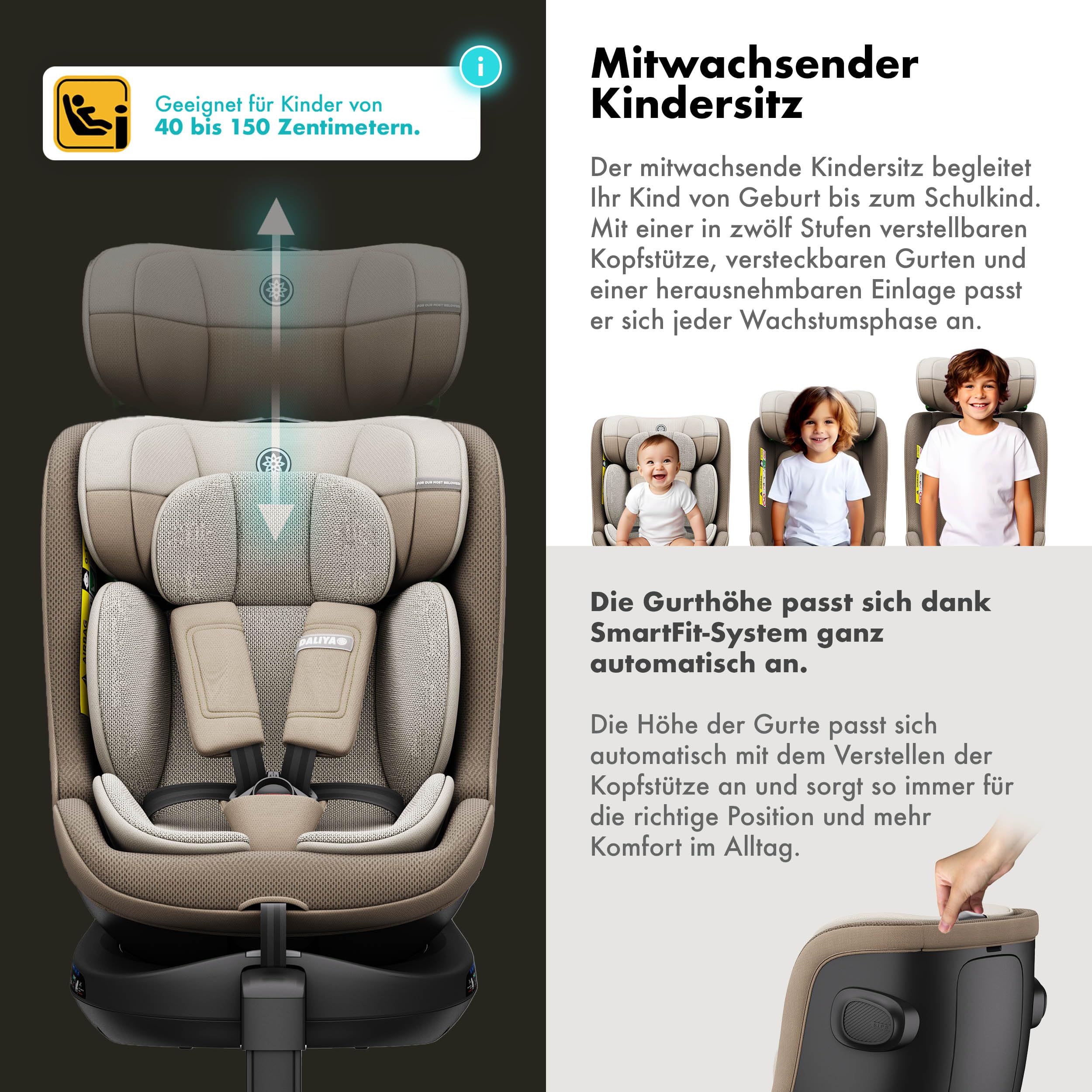Daliya® BRAVO i-Size | 360° drehbarer Kindersitz mit ISOFIX & Stützfuß, Mitwachsender Autokindersitz 0–12 Jahre (40–150 cm), Air-Active Mesh, ergonomisch & atmungsaktiv (Beige)