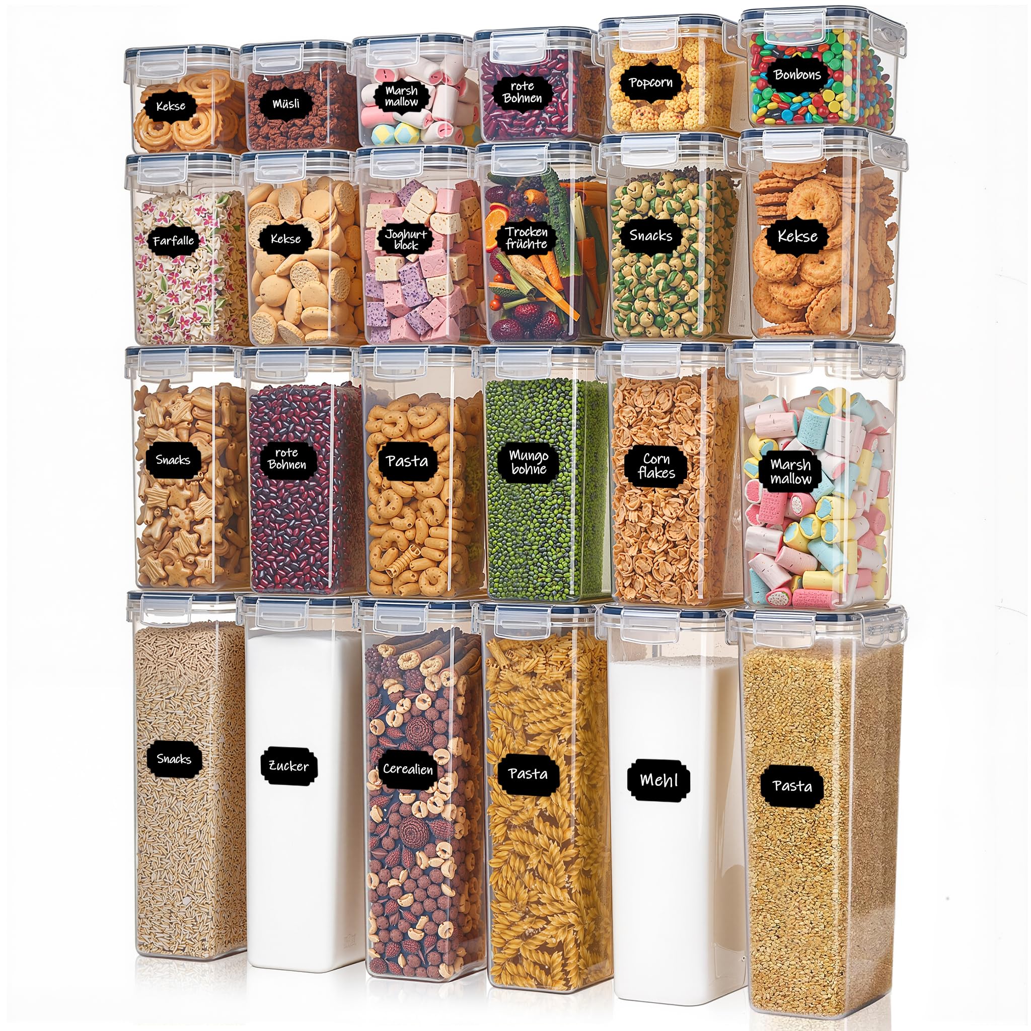 Theo&Cleo Vorratsdosen Mit Deckel Luftdicht (4 Größen), 24er Set Organizer Box, BPA-frei Aufbewahrungsbox Küche, Frischhaltedosen für Mehl, Müsli, Cornflakes, Vorratsbehälter Mit Etikett (24)