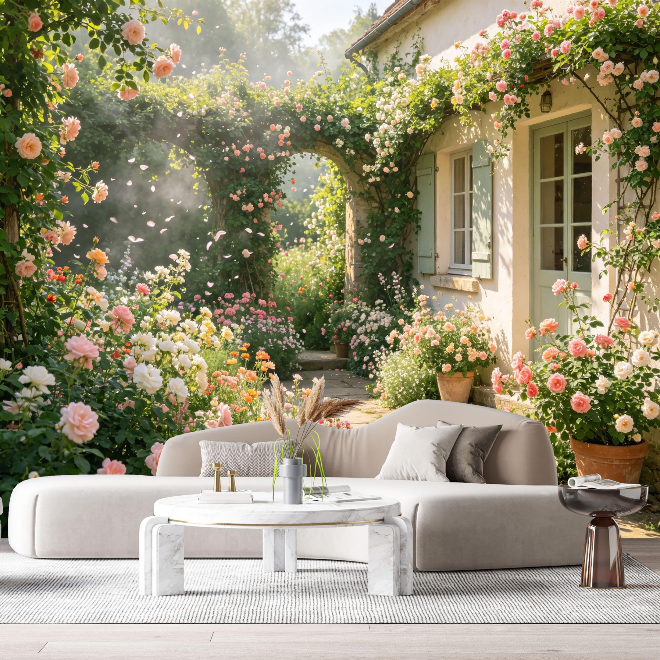 Custom Size Wall Murals Botanical Farmhouse Oil Painting Garden Flowers Stone Path SelfAdhesive Wall Fabric Removable Large Wallpaper for Photo Living Room