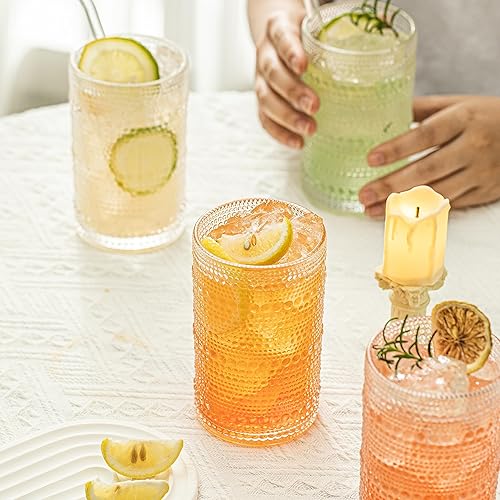 Miniatura 5 de Elegante juego de 8 vasos vintage de hobnail para beber vasos de vidrio con diseño en relieve, 4 vasos altos y 4 vasos de roca. Perfecto para