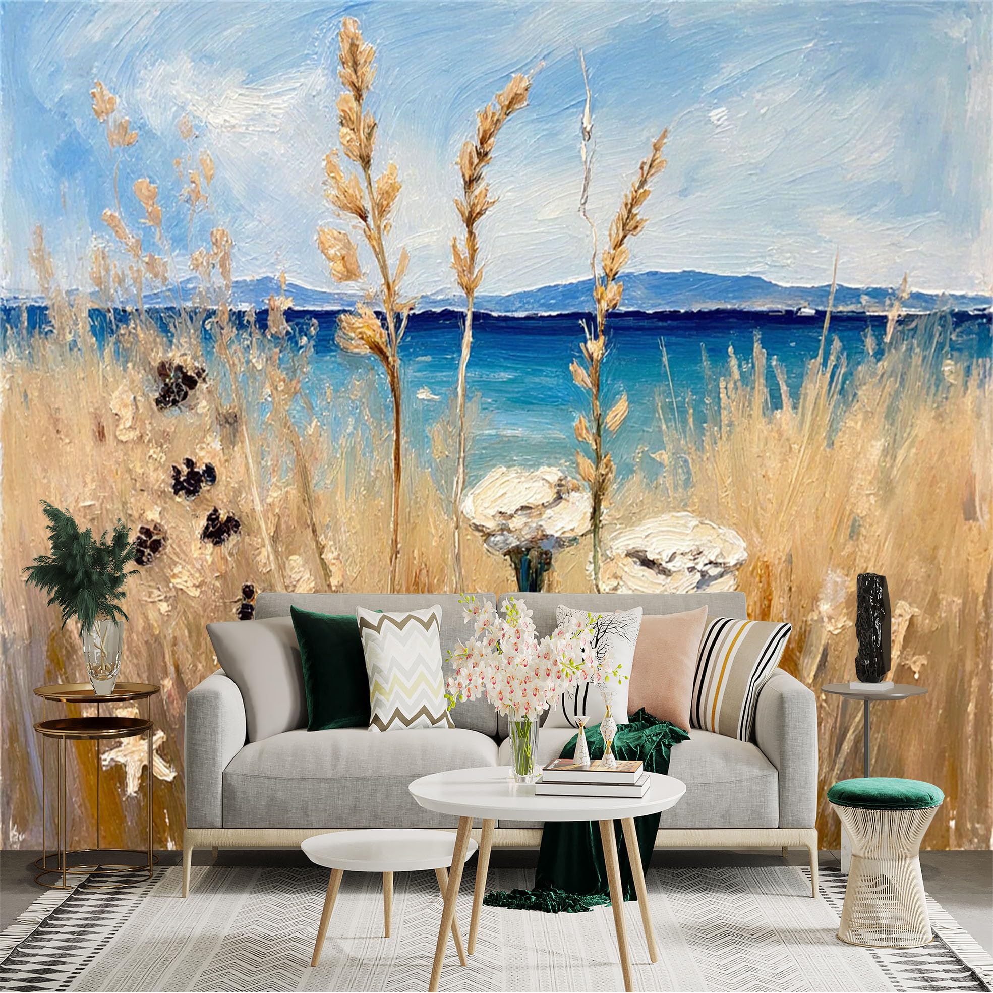 Lnzczhyre Xc260505437 Custom Size Wall Sticker Mural， Coastal Oil Painting With Wildflowers And Sea View， For Wall Decoration， Peelandstick Wall Decals.