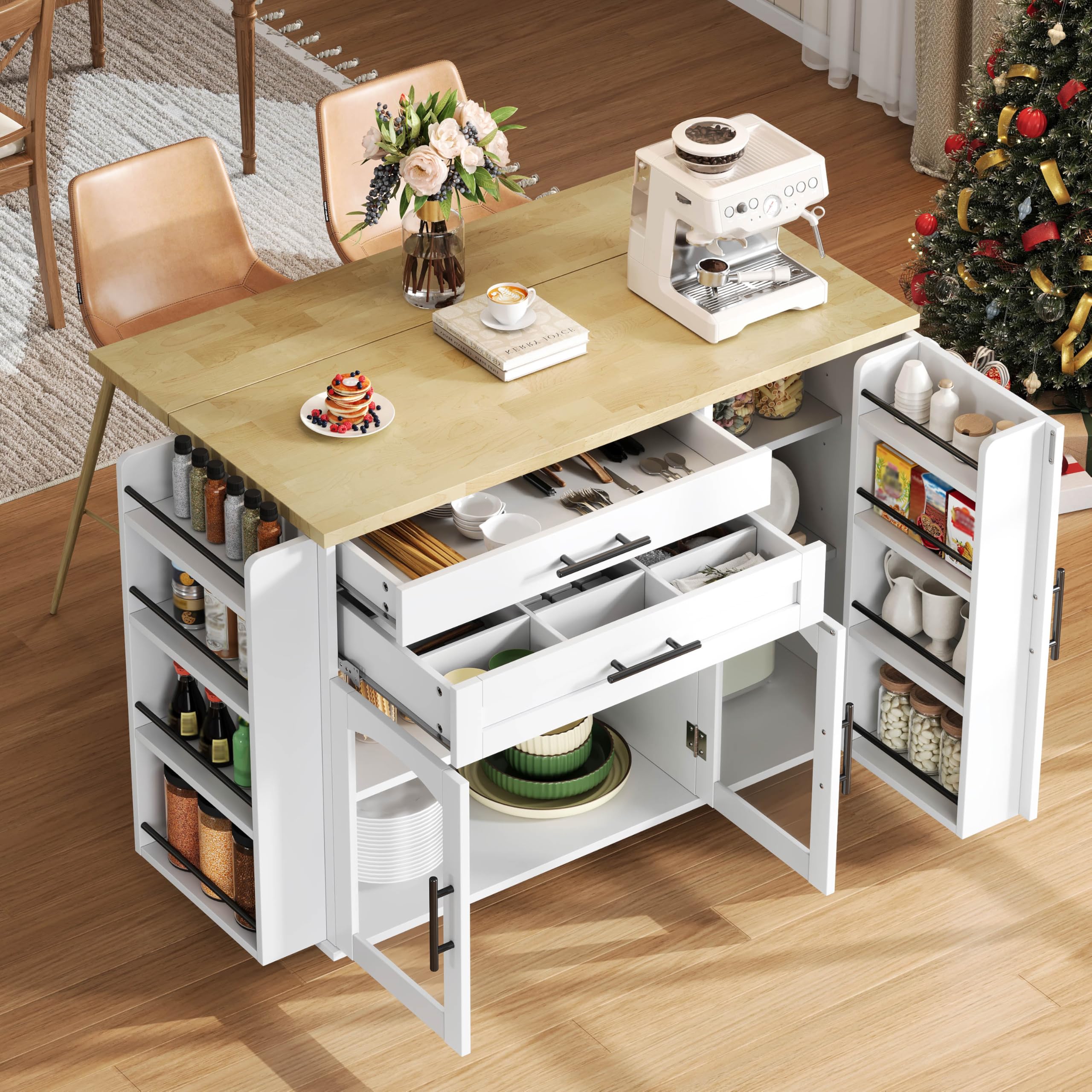 Merax Îlot de cuisine mobile avec plan de travail pliable, chariot de cuisine sur 5 roulettes avec frein, étagère à épices et tiroir, îlot de cuisine avec beaucoup d'espace de rangement, 120 x 45 (70