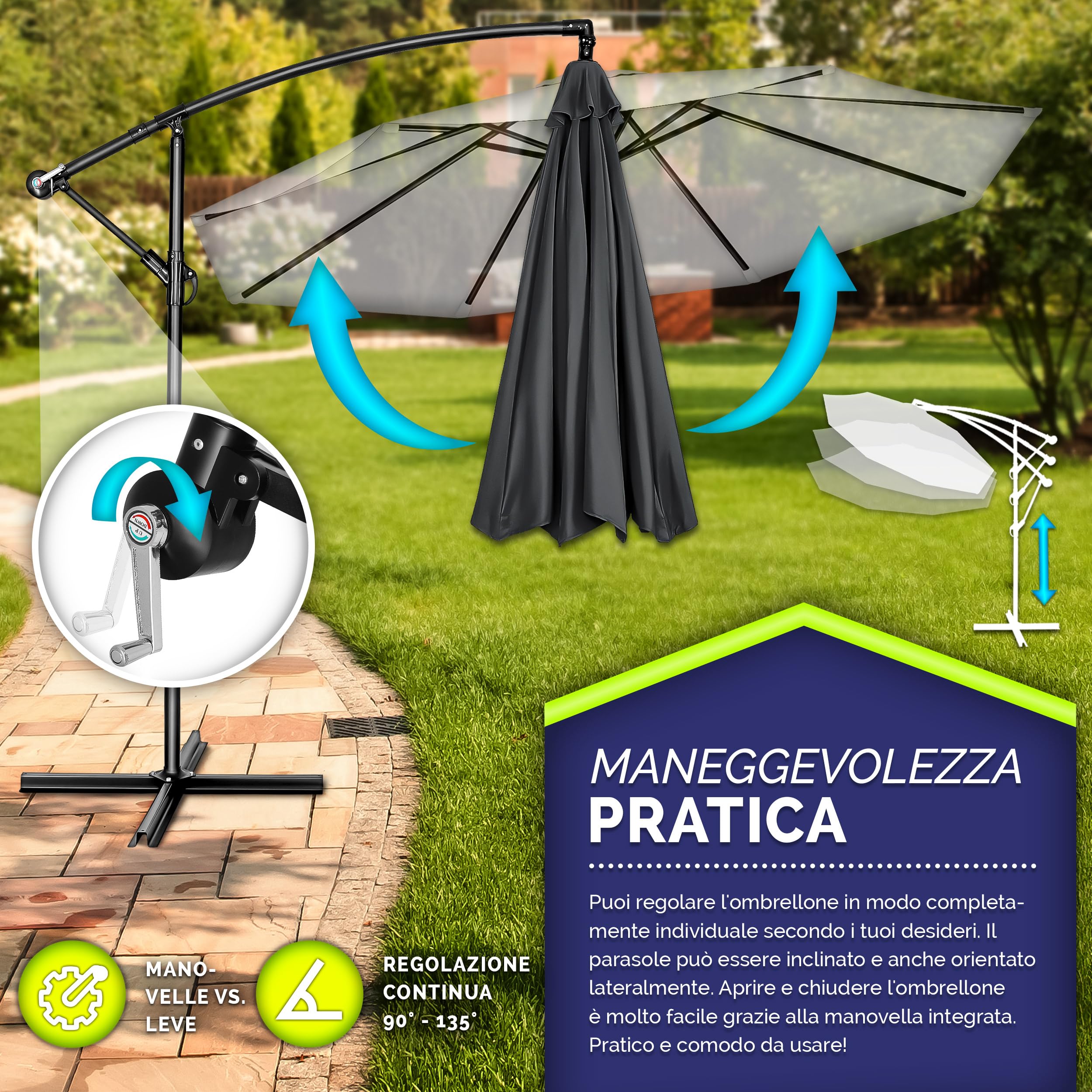 tillvex Ombrellone da Giardinoe Ø 300 cm con manovella | Ombrellone con asta per giardino, terrazza, balcone, | Materiale Alluminio con protezione UV - impermeabile | Ombrellone a manovella con base