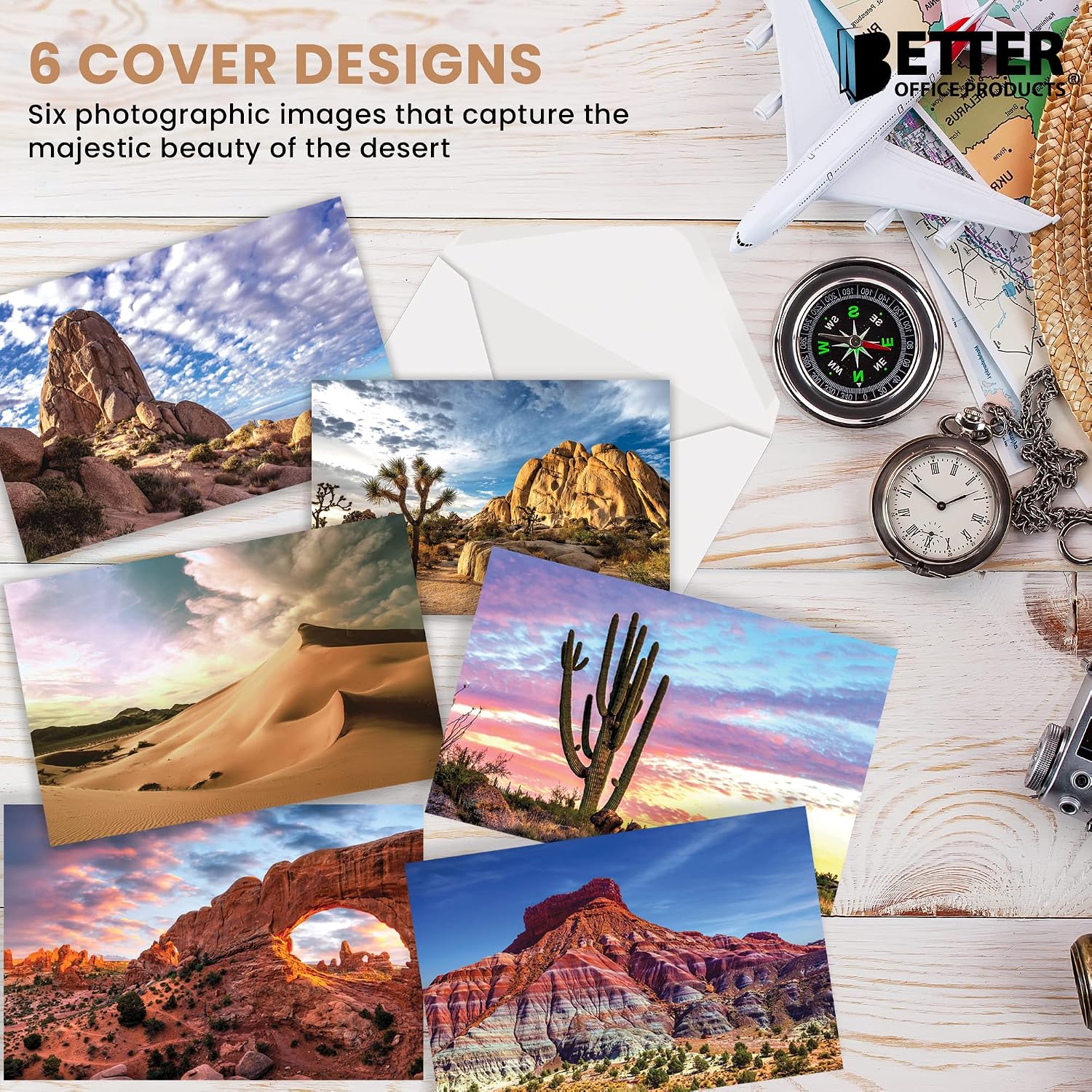 Better Office Products 50 Pack All Occasion Greeting Cards, Assorted Desert Landscape Note Cards with Envelopes, 4 x 6 inch, 6 Arid Landscape Designs, Blank Inside