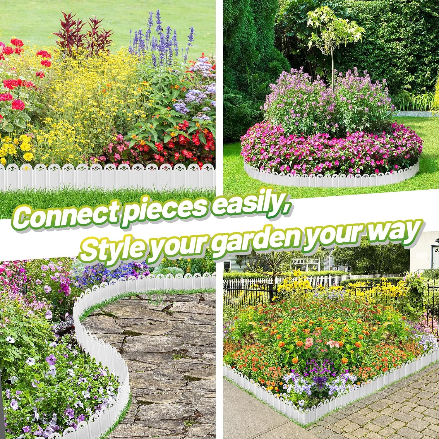 Connectable Garden Landscape Edging - 15ft Total Length No Need Digging Lawn Fence Border for Dividing Yard Flower Bed Areas, Included 23pcs 8.3" L x 5.9" H White Panels
