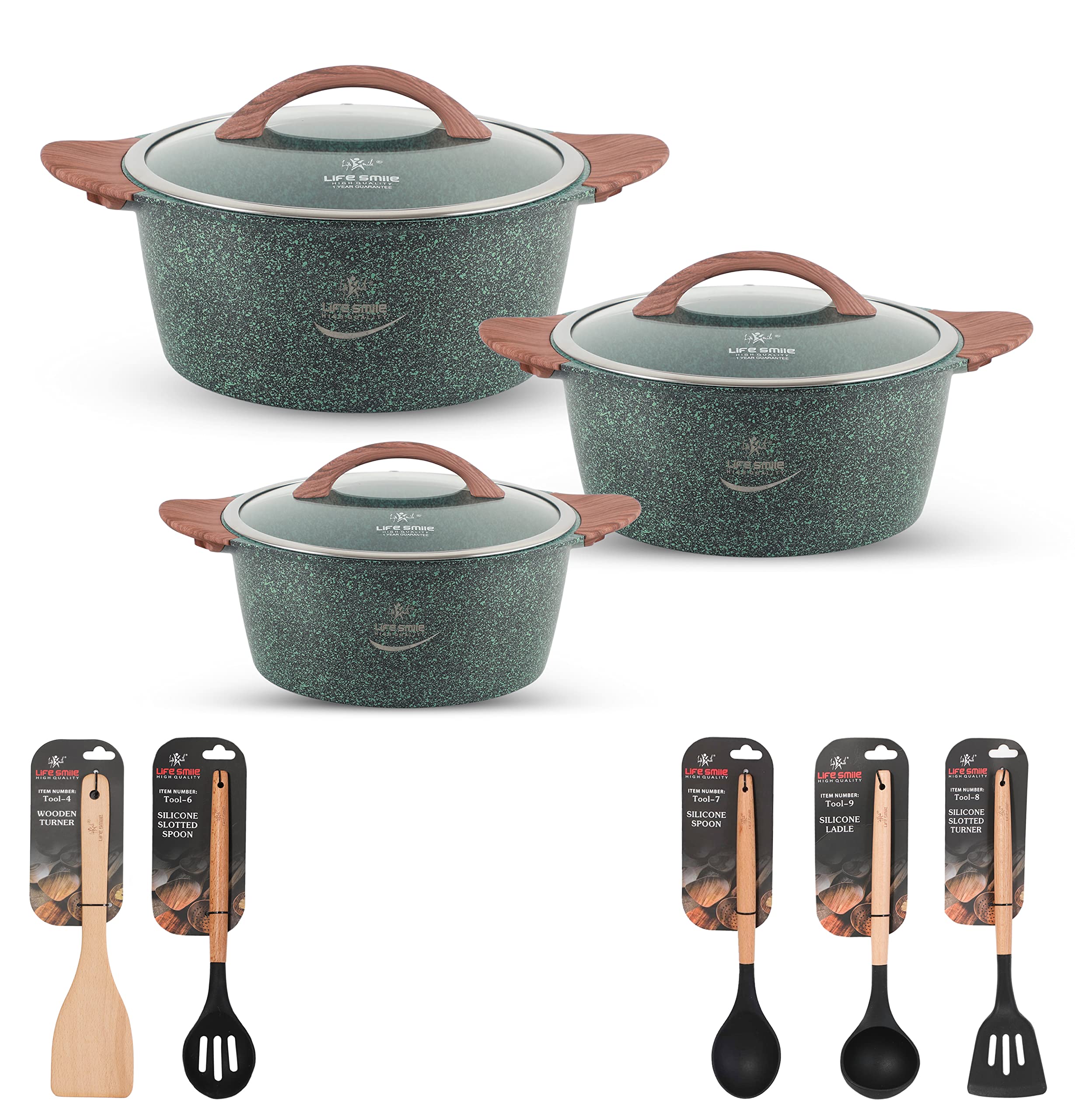 Cookware Set 11 pieces - LIFE SMILE Pots set Induction Bottom, Granite Non Stick Coating, Die Cast aluminum Casserole Set include Casseroles And Silicone Utensils & Wooden Turner (Green(20/24/28CM))