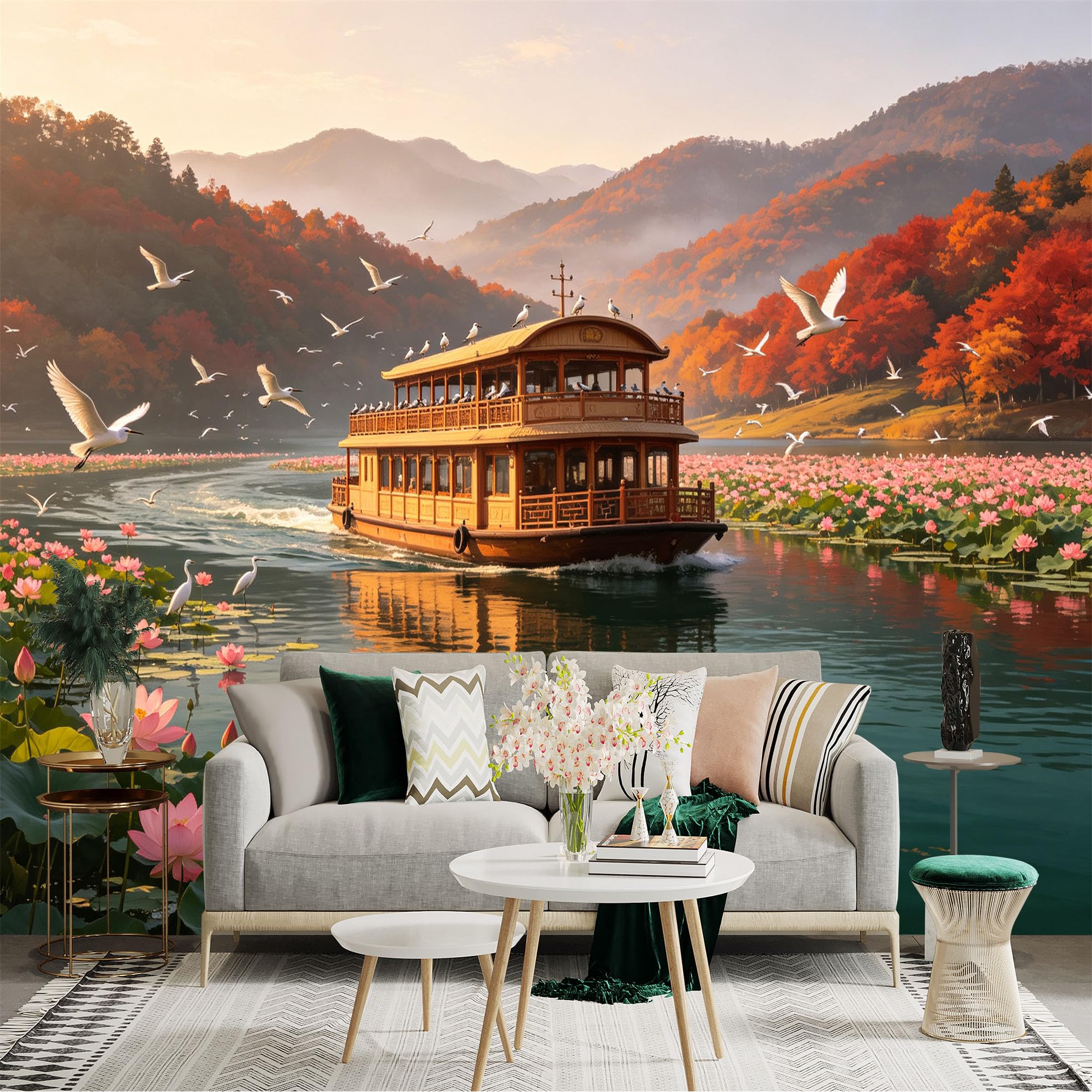 Custom Size Wall Sticker Mural， Antique Cruise Ship， Flying Egrets， Vibrant Autumn Mountains， Pink Lotus Pond， for wall Decoration， peelandstick wall Decals.