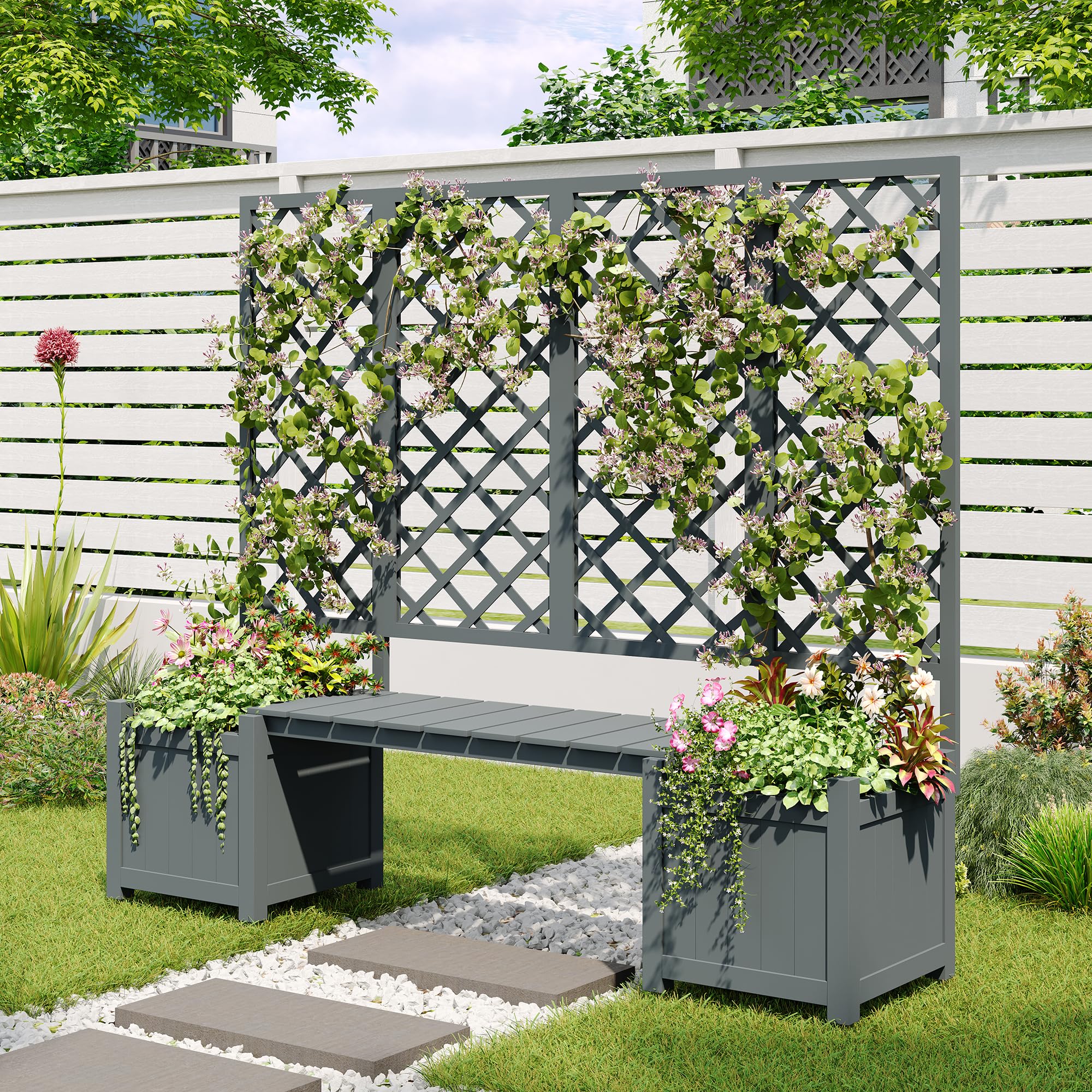 Fioriera con traliccio, fioriera con molto spazio, in legno massello marrone, con traliccio e seduta per giardino, cortile, terrazza (grigio)