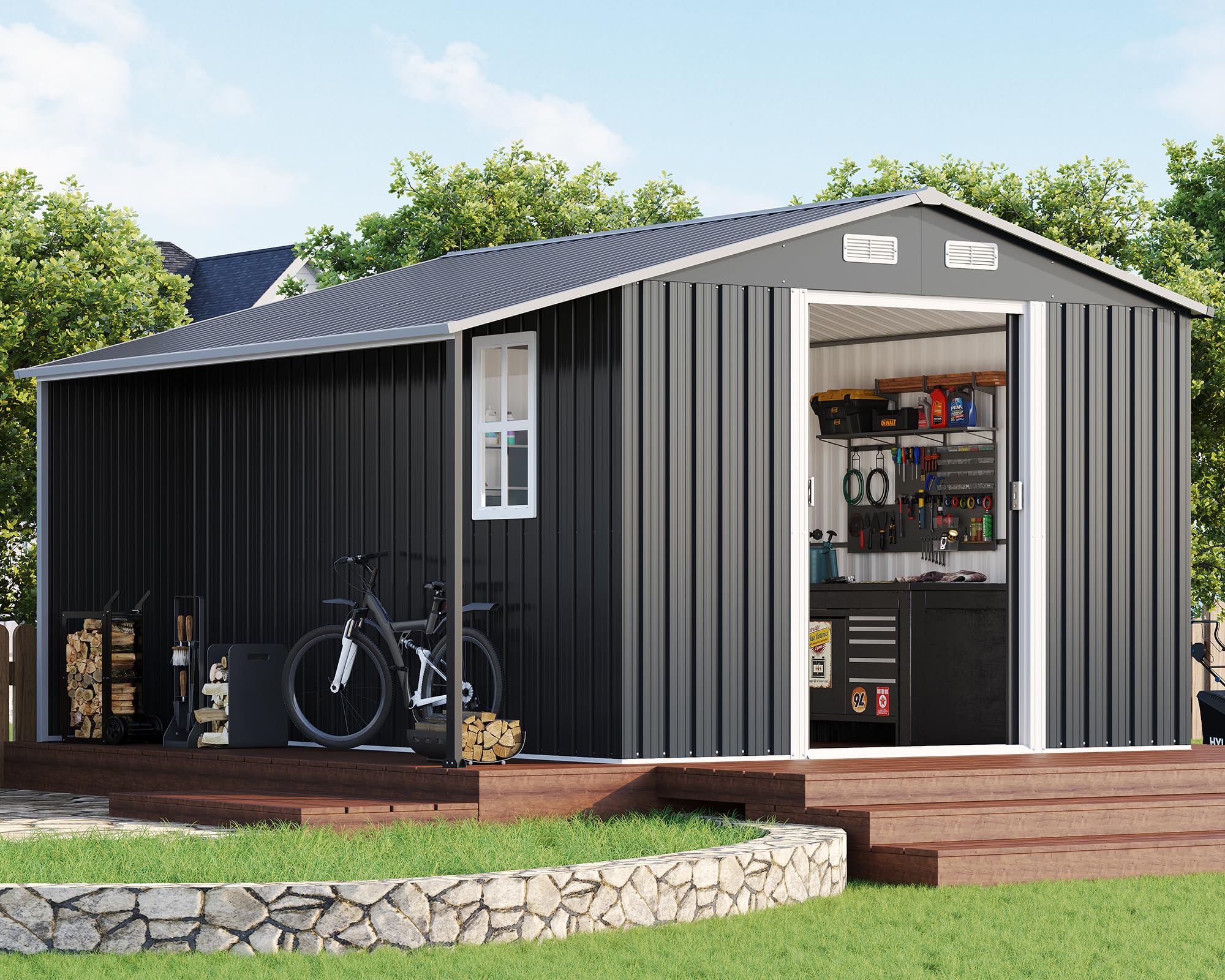 Jocisland Outdoor Storage Shed 10.6x10.3x6.3 FT, Sliding Door Shed