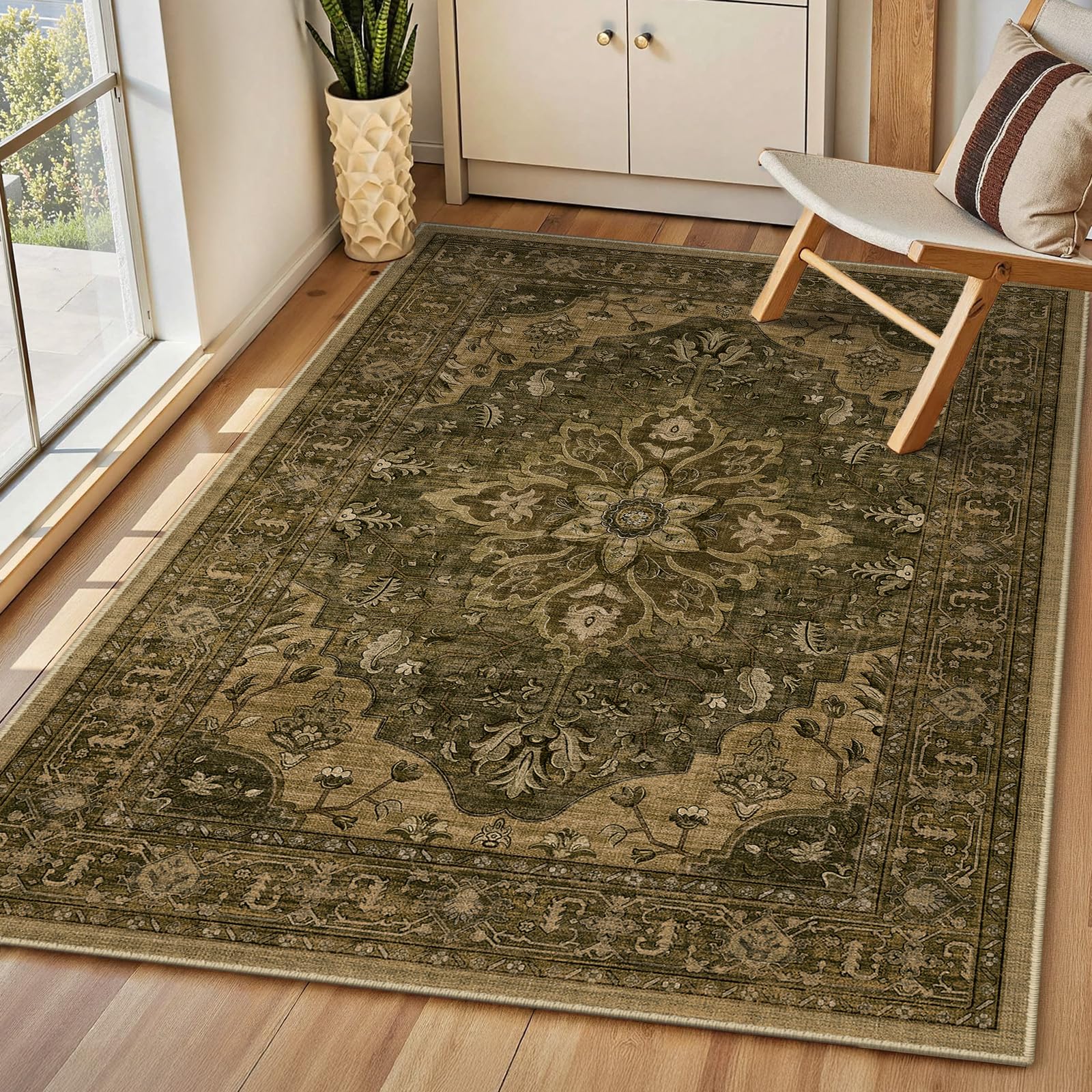 INOVADAY Machine Washable Rugs 90x150 cm Vintage Area Rug Low Pile Anti-Slip Carpet with Print Pattern for Living Room Bedroom Home Office Indoor Brown/Dark Brown โ image 1