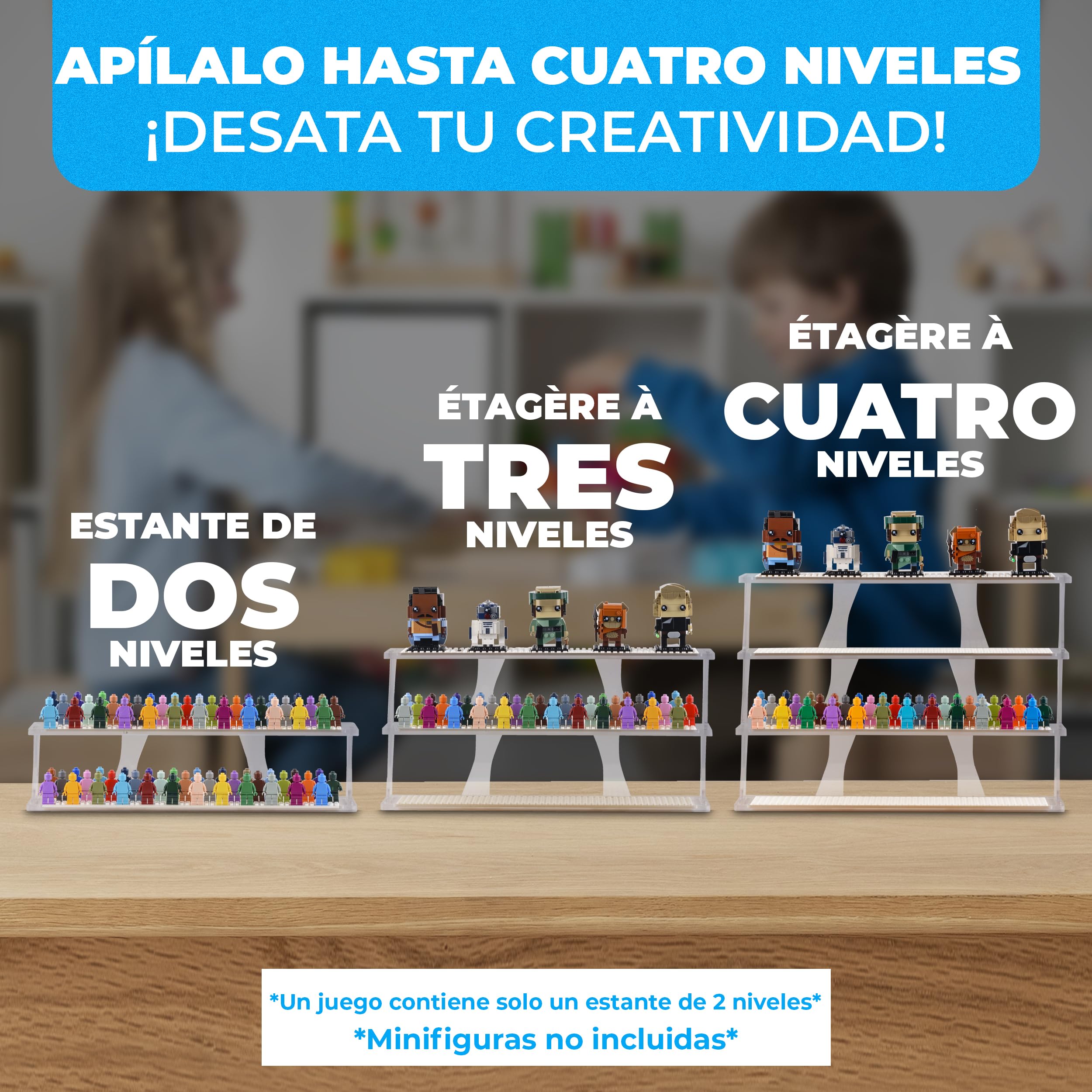 Tapeera Minifiguras estantes de presentación (paneles blancos, mesa y apilables)