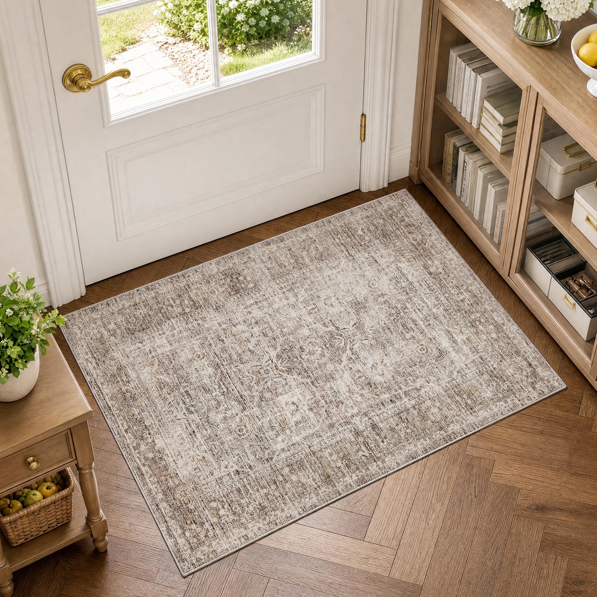 FMFUNCTEX 2x3 Washable Taupe Vintage Distressed Retro Indoor Entryway Rug