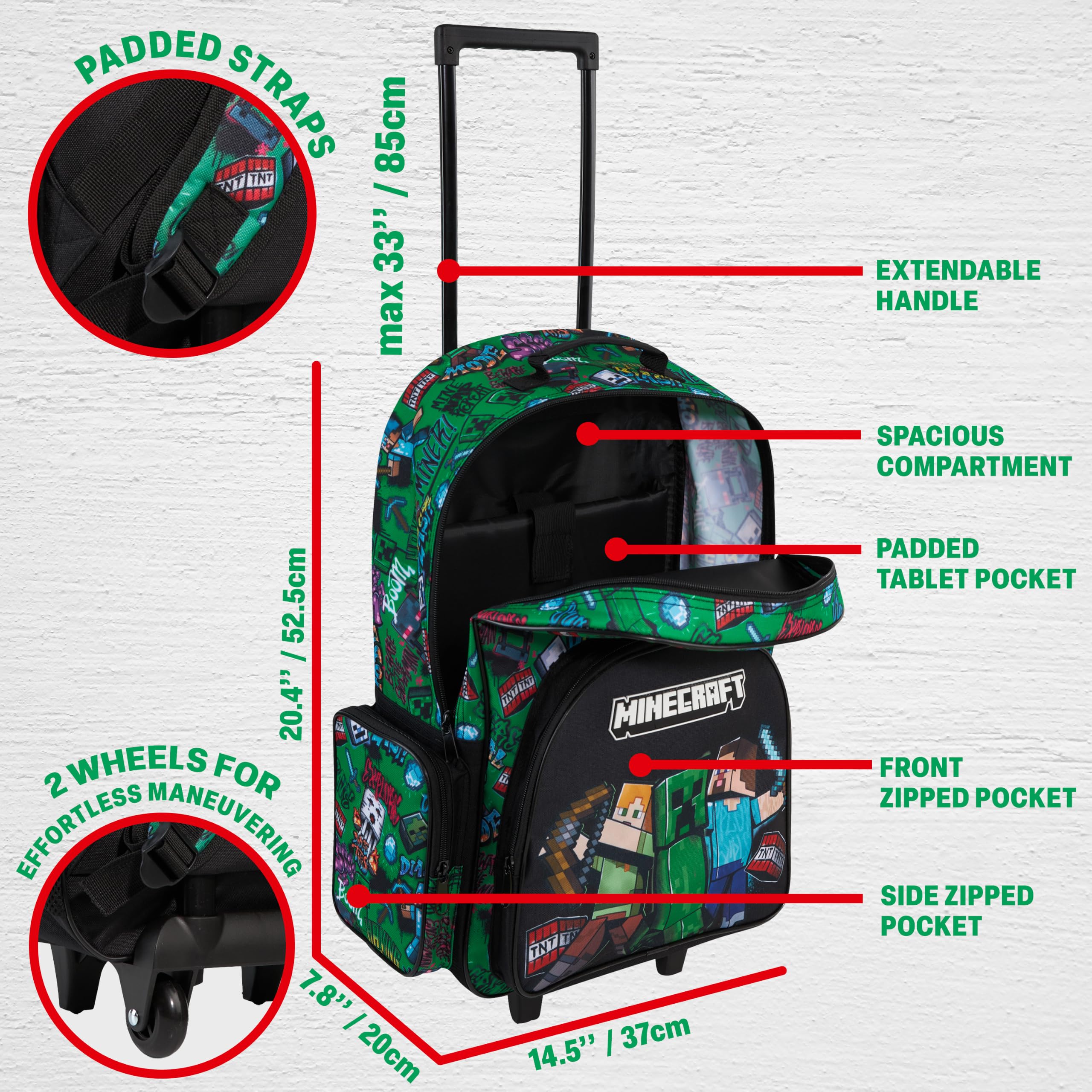 Get Trend Minecraft Zaino Trolley Bambino 2 in 1, Zaino Scuola Elementare con Ruote, Cartella per Ragazzi con Spallacci Imbottiti (Multi Minecraft)