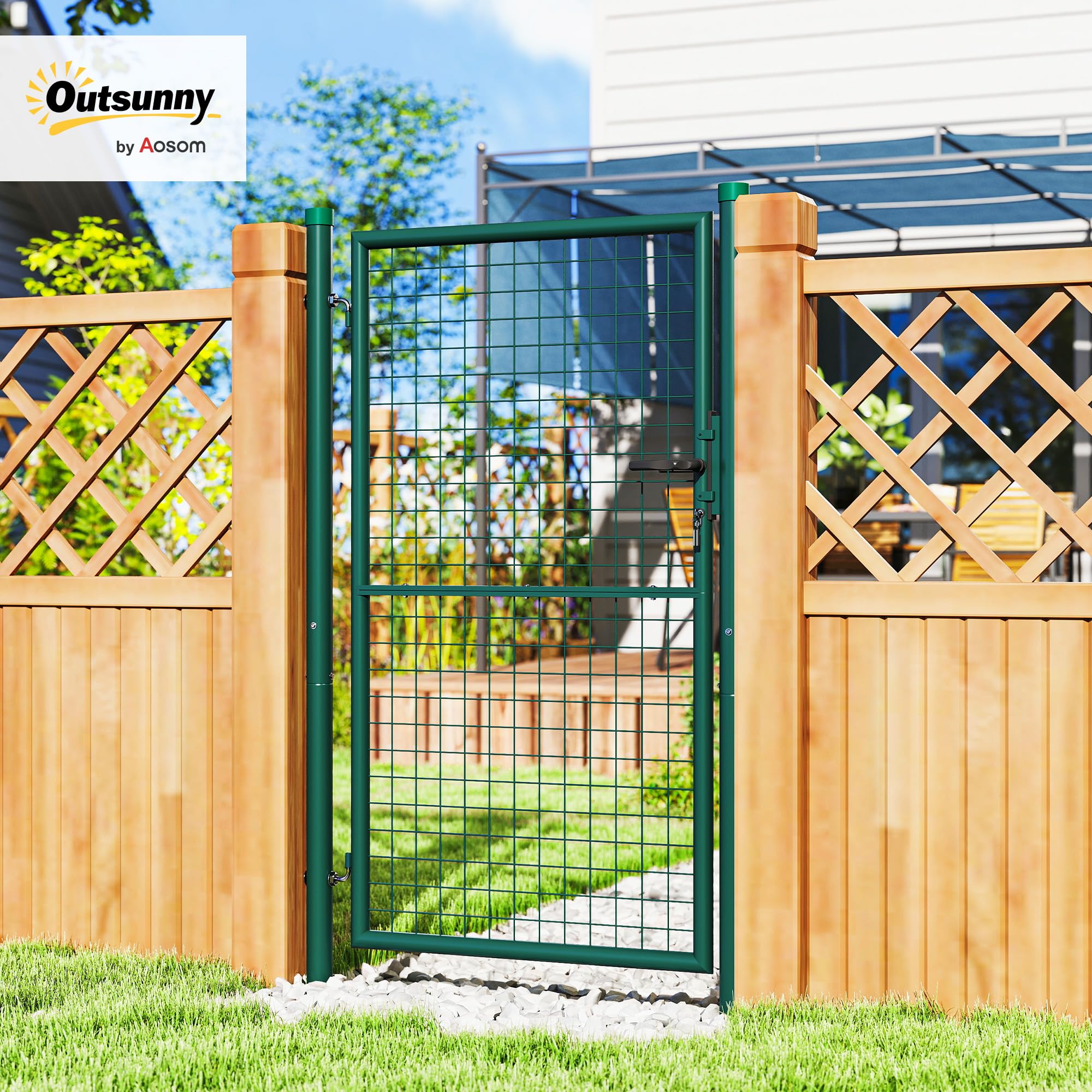 Outsunny Cancello da Giardino in Acciaio 97x200 cm, Cancelletto da Giardino con Serratura, 3 Chiavi, Maniglia e 2 Pali, Cancello Esterno per Ingresso Cortile e Terrazzo, Verde
