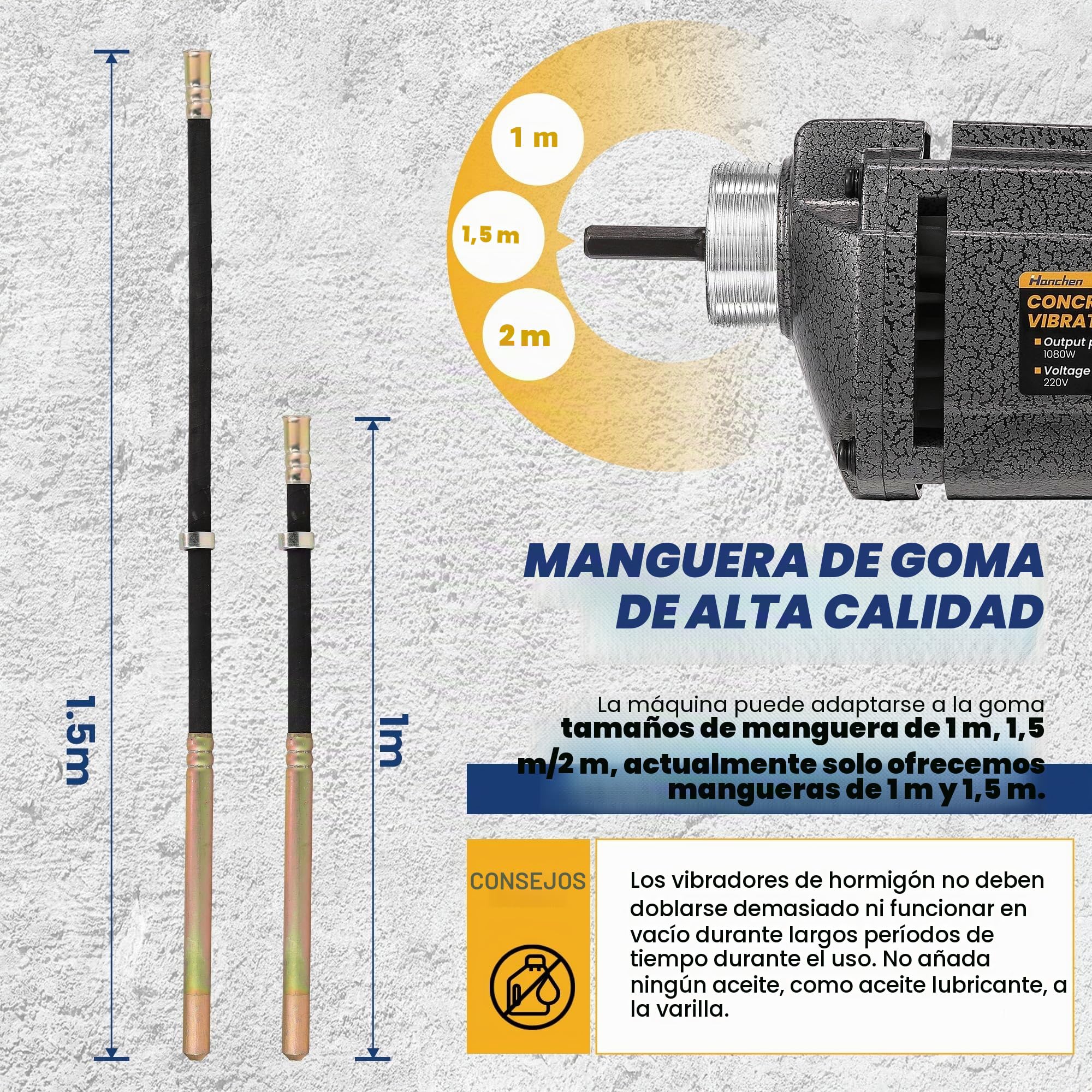 Hanchen Vibrador de Hormigón Eléctrico 1080W Hormigonera Portátil Mezclador de Concreto Industrial 4000rpm Ø35mm con Manguera de 1.5m